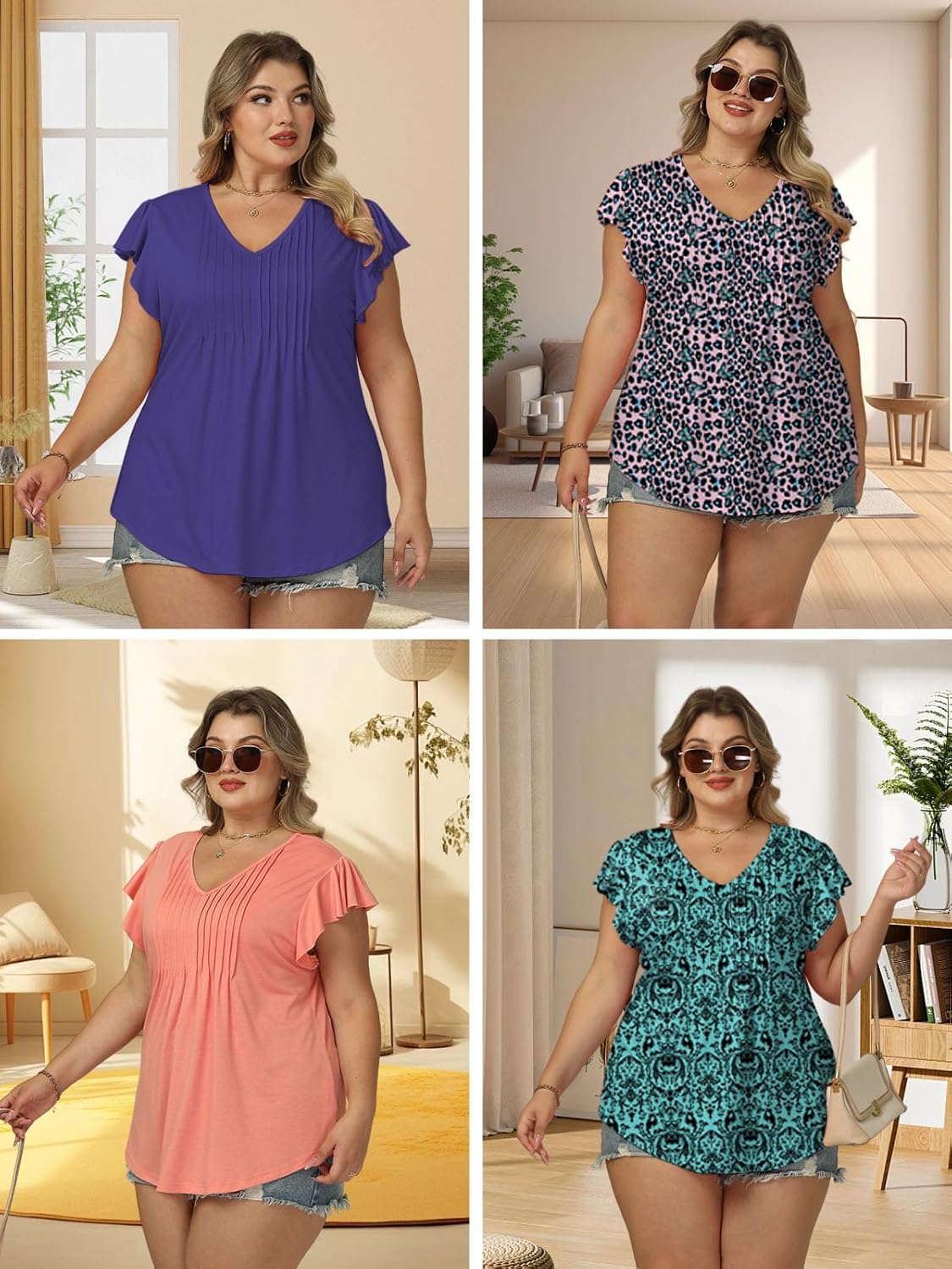 VOGRACE Womens-Plus-Size-Summer-Tops Casual V Neck T Shirts Trendy Ruffle Short Sleeve Tunics Loose Comfy Pleated Tees XL-5XL - Image 6