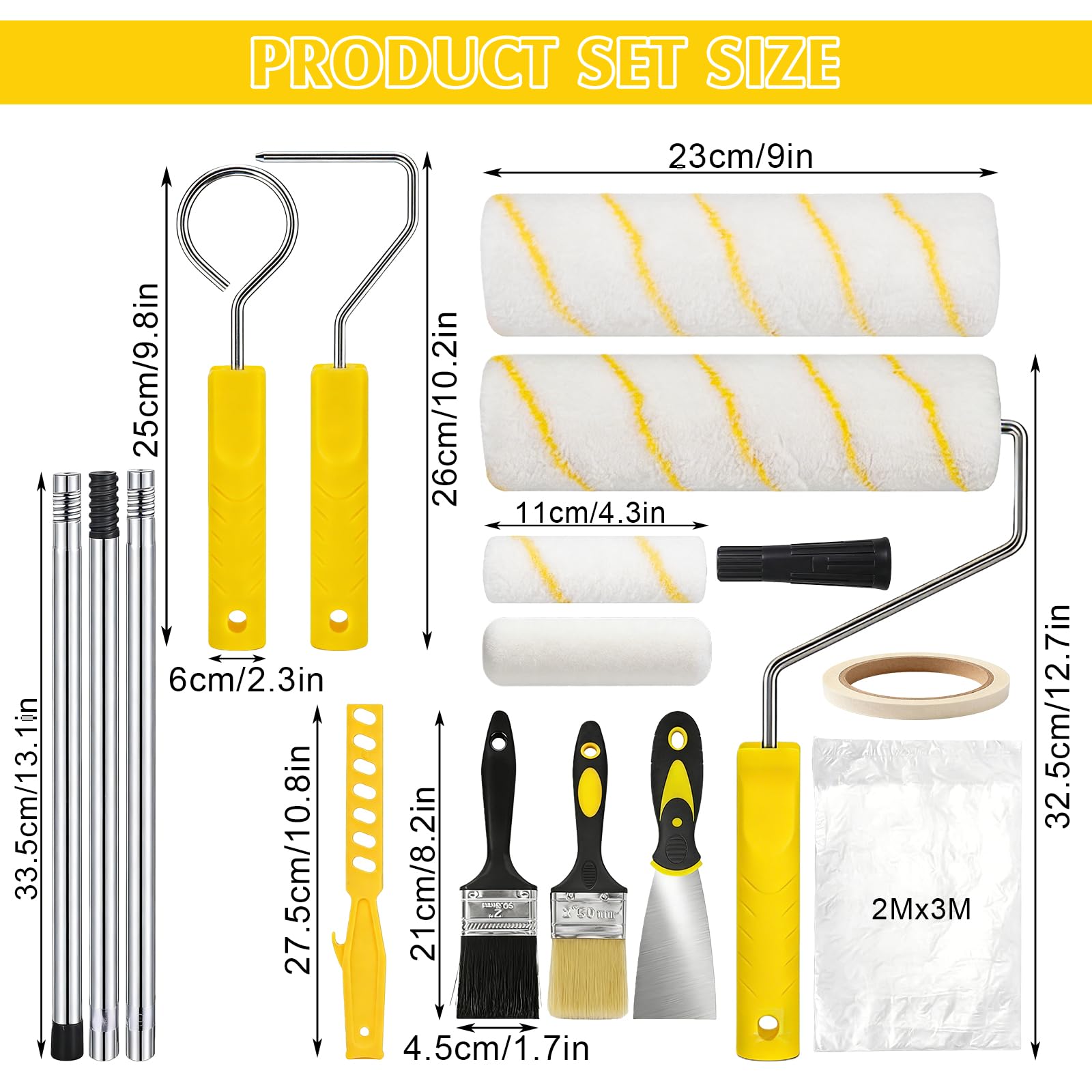 Streichrolle Für Wandfarbe, Farbroller Mit Teleskopstange, 20 Teiliges 9-Zoll Langflor Farbroller Set Mit Malerpinseln, Farbwanne, Abdeckfolie Und Zubehör Für Wände