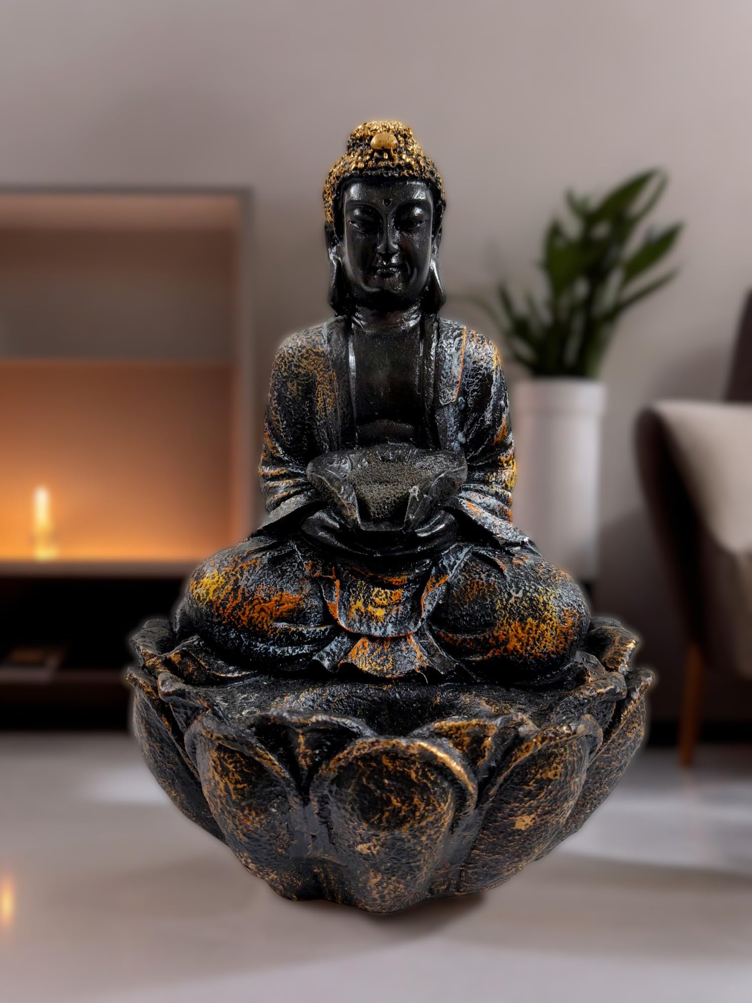The Indian Casa Table Top Waterfall Fountain with LED Lights | Indoor and Outdoor Home Decor for All Occasions Decorative Fountain, Indoor/Outdoor, Resin (Buddha Black) (B0D7NKBRMZ) Amazon Price History, Amazon Price Tracker