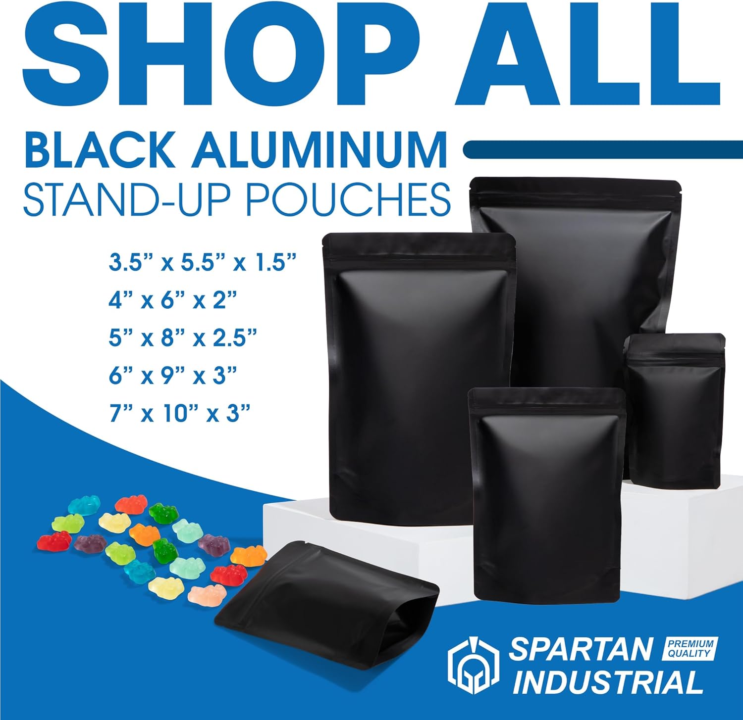 Spartan Industrial 3.5" X 5.5" Matte Black Stand-Up Mylar Bags - 1000 Count Small Smell-Proof Bags With Heat Sealable Opening and Resealable Zipper