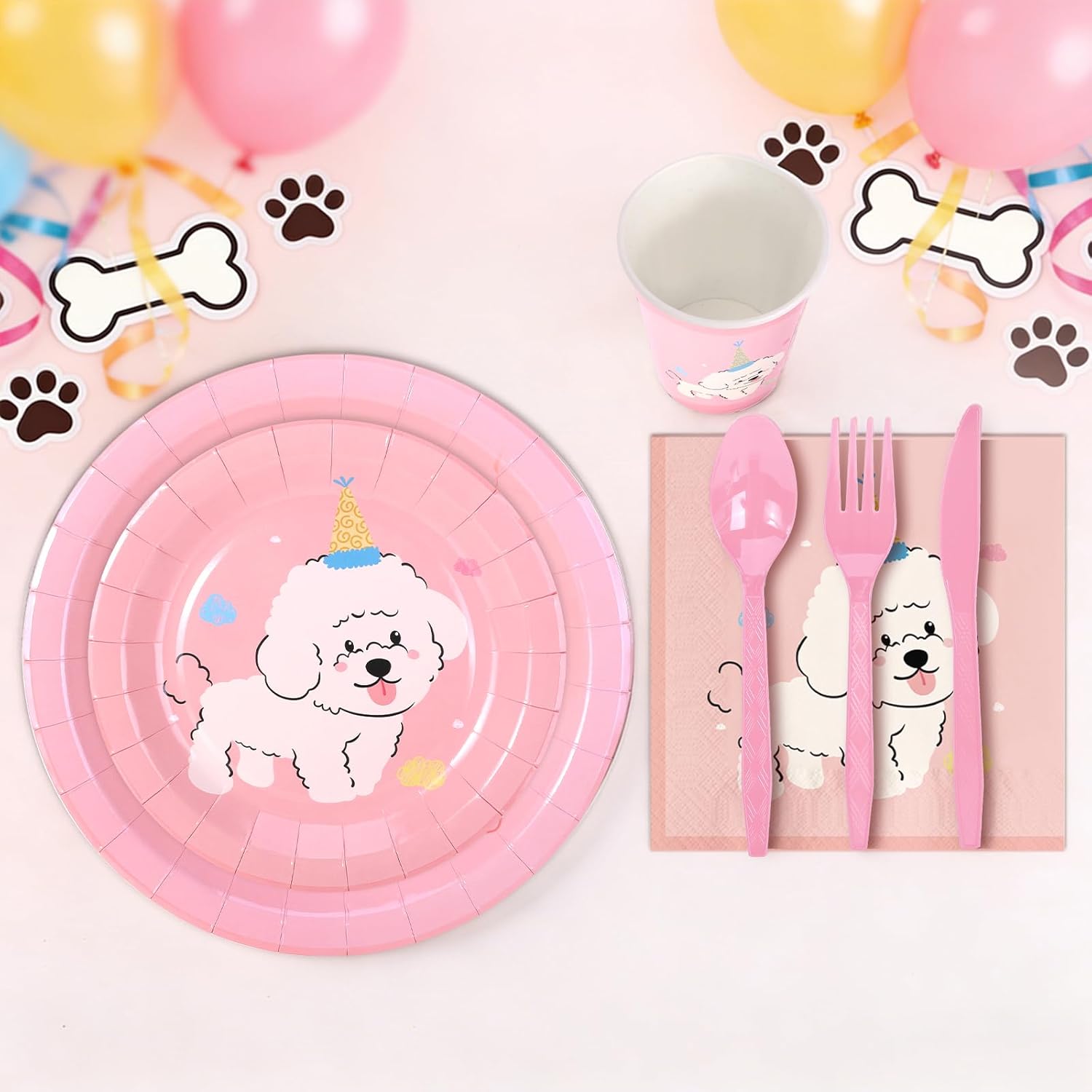 Pet Dog Birthday Party Supplies, 194Pcs Retro Puppy Themed Tableware Set, Vintage Puppy Face Paper Plates and Napkins, Disposable Dinnerware for Birthday Baby Shower-serve 24 guests