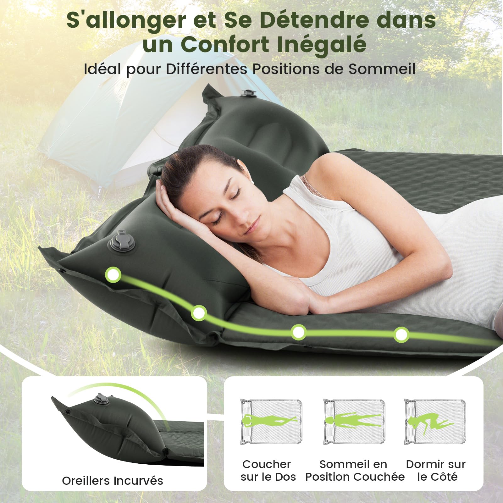 GYMAX Matelas Autogonflant pour 2 Personnes, 2 Oreillers, en PVC Imperméable, Combinaisonable 2 en 1 avec Boucles, pour Plage, Camping, Randonnée (Vert)