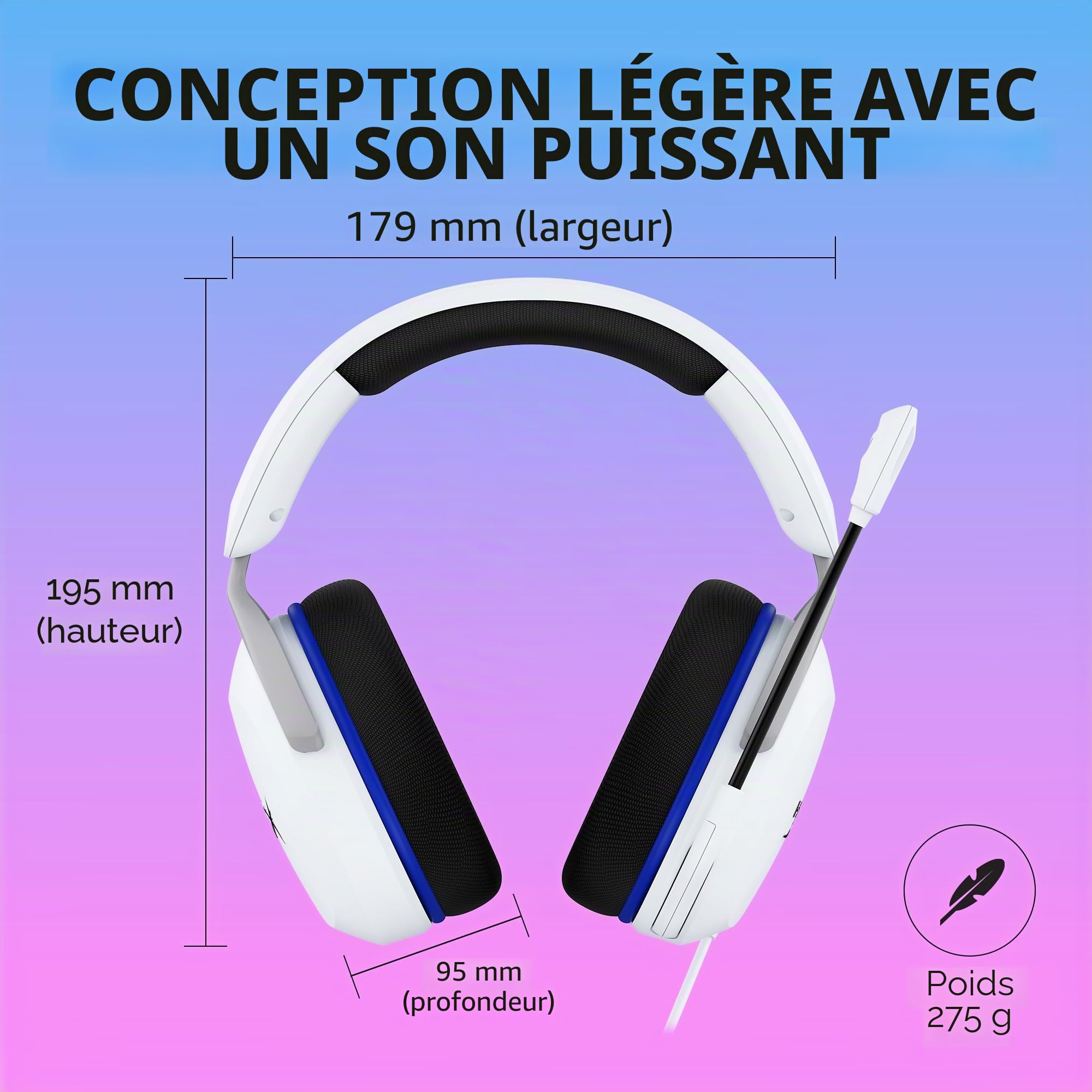 HyperX Cloud Stinger 2 Core pour PlayStation, Casque gaming filaire PS5/PS4, Haut parleurs 40 mm, Micro antibruit avec mute par pivotement, Commandes audio sur casque, Léger, Blanc