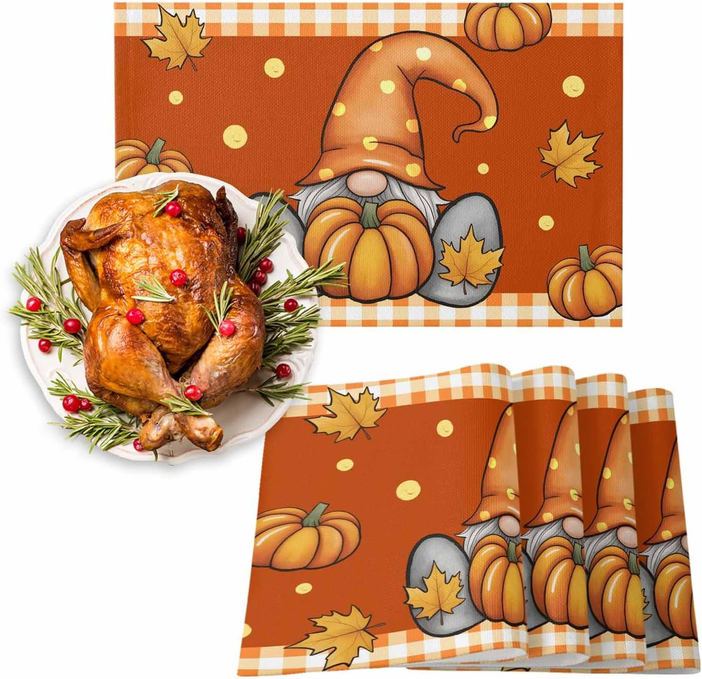 Fall Placemats Set of 12, Pumpkin Gnome Placemat for Dining Table Decorations, Cotton Linen Autumn Place Mats, Maple Leaf Orange Buffalo Plaid Table Mats for Kitchen Dinner Harvest Thanksgiving Party