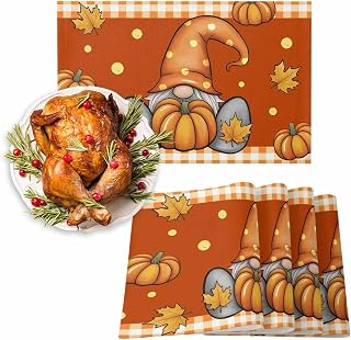 Fall Placemats Set of 2, Pumpkin Gnome Placemat for Dining Table Decorations, Cotton Linen Autumn Place Mats, Maple Leaf Orange Buffalo Plaid Table Mats for Kitchen Dinner Harvest Thanksgiving Party