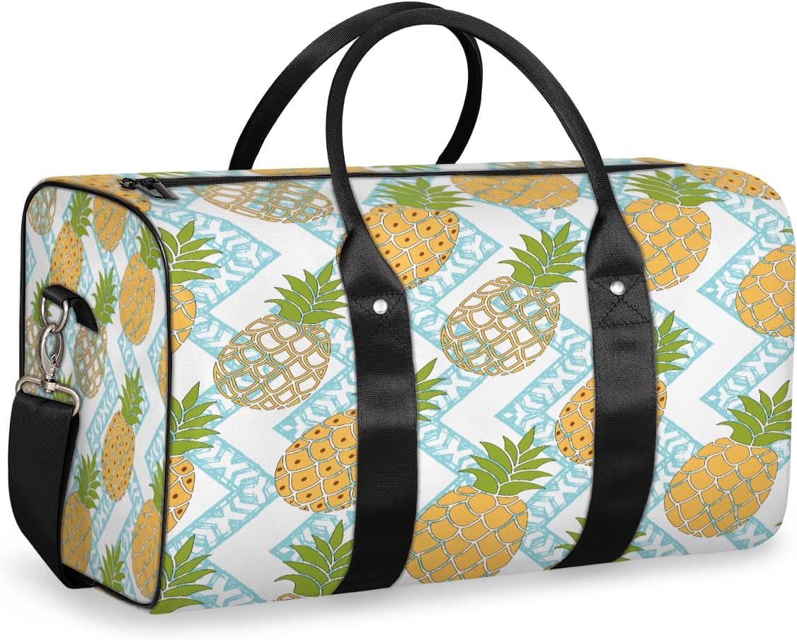 Striped Hand Painted Pineapple Travel Duffel Bag for Women Men Large Capacity Overnight Weekender Bags for Lightweight Waterproof Sport Gym Bag for Workout Yoga Swim