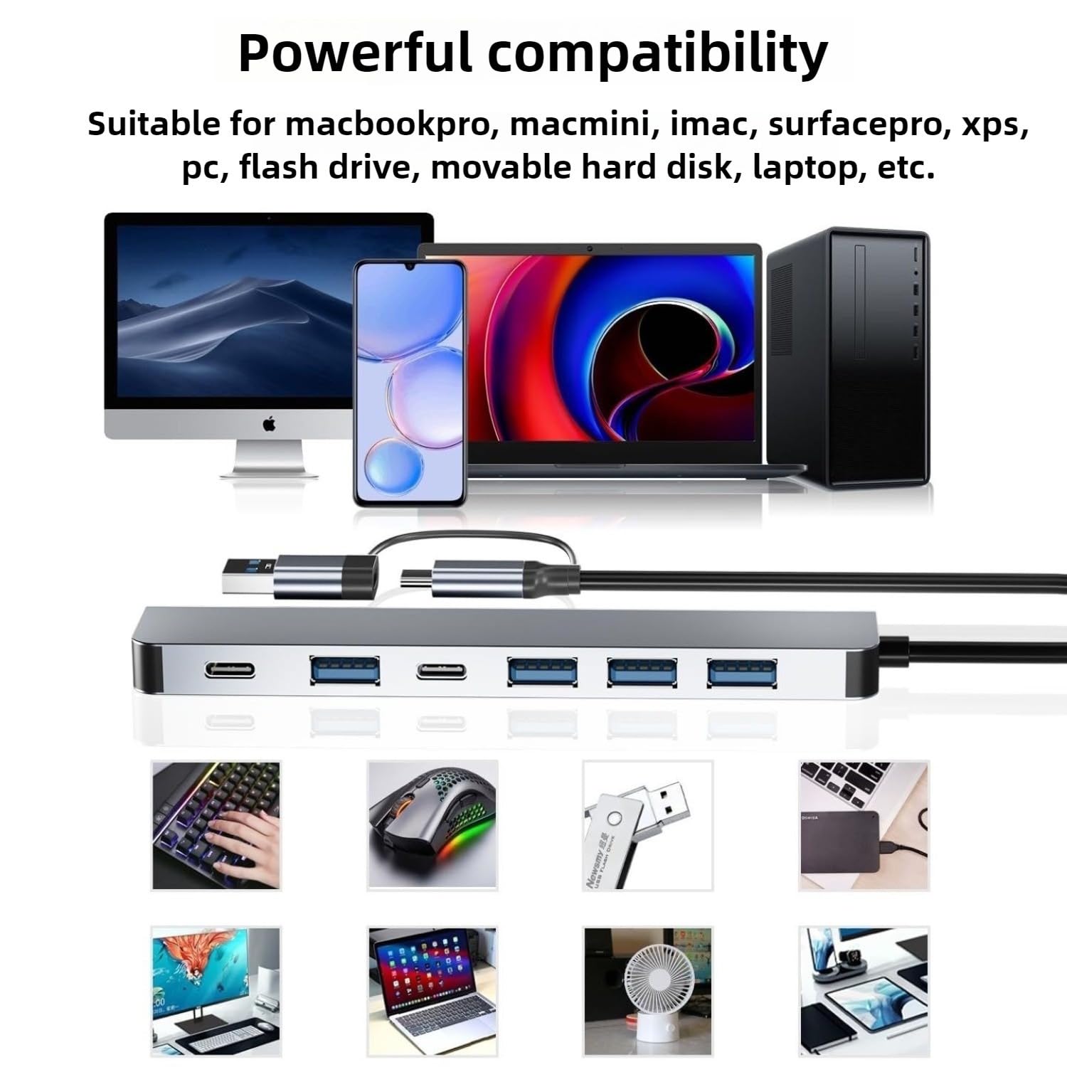 Hub USB 8 en 1, USB A/C vers USB 3.0 USB 2.0, répartiteur USB Portable à 8 Ports, Extension de Station d'accueil USB 3.0 Audio Compatible avec Ordinateur Portable, PC, téléphones