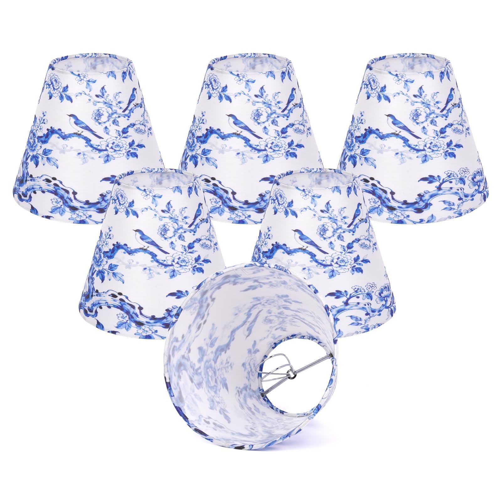 6-Pack Chinoiserie Clip-On Lamp Shades – Blue Floral Toile, 3x6x5 Inch, Fits E12/E14/E27 Bulbs, For Chandeliers & Countryside Decor