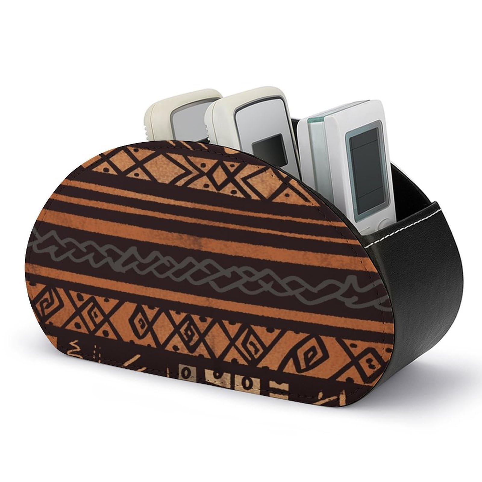 VstaDank African Mud Cloth Tribal Remote Control Holder with 5 Compartments PU Leather Remote Caddy Desktop Organizer Store TV Remote Control Storage Box for Home Office Desk Nightstand