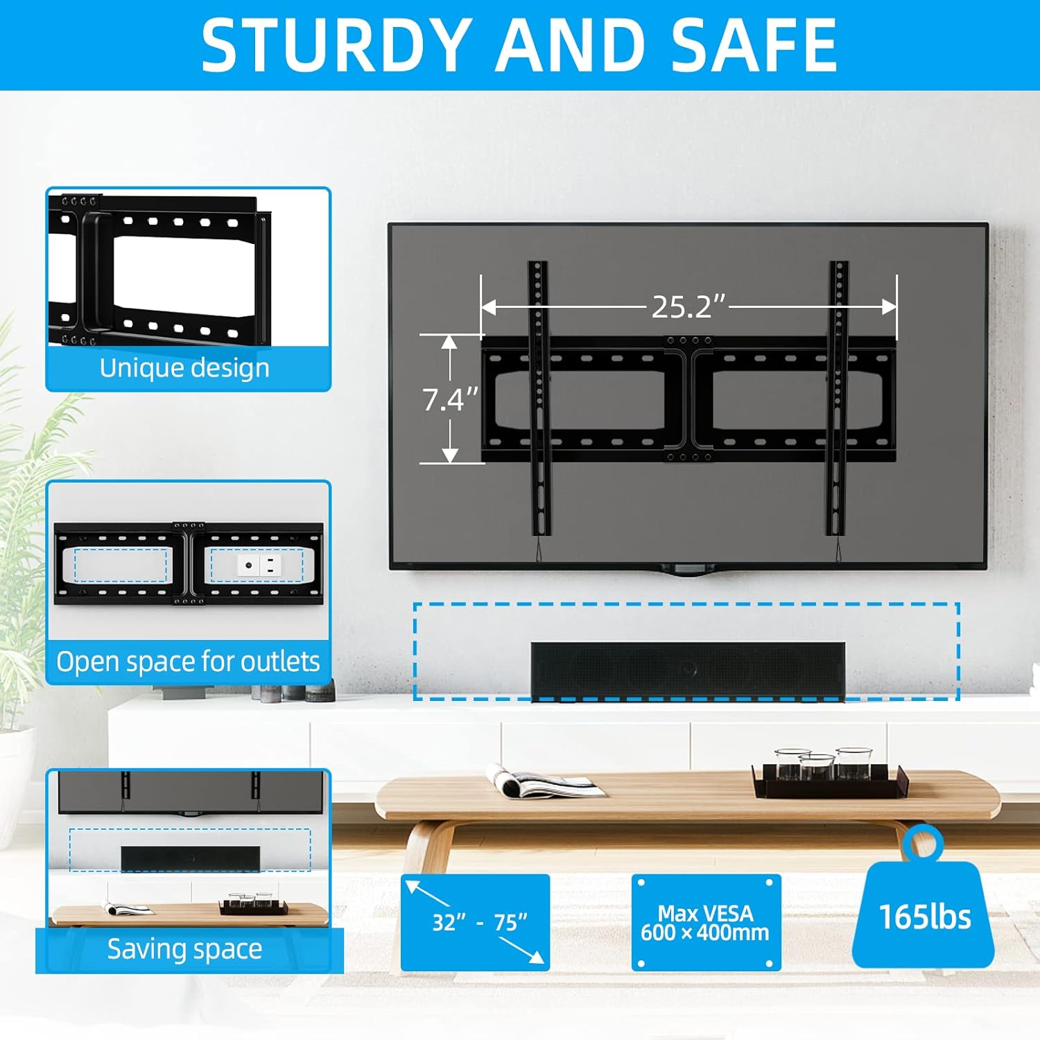 HOME VISION Heavy Duty Fixed Wall Mount for 32"-75" TVs and Tilt Wall Mount for 32"-75" TVs Bundle, Max VESA 600x400mm, Supports up to 165lbs