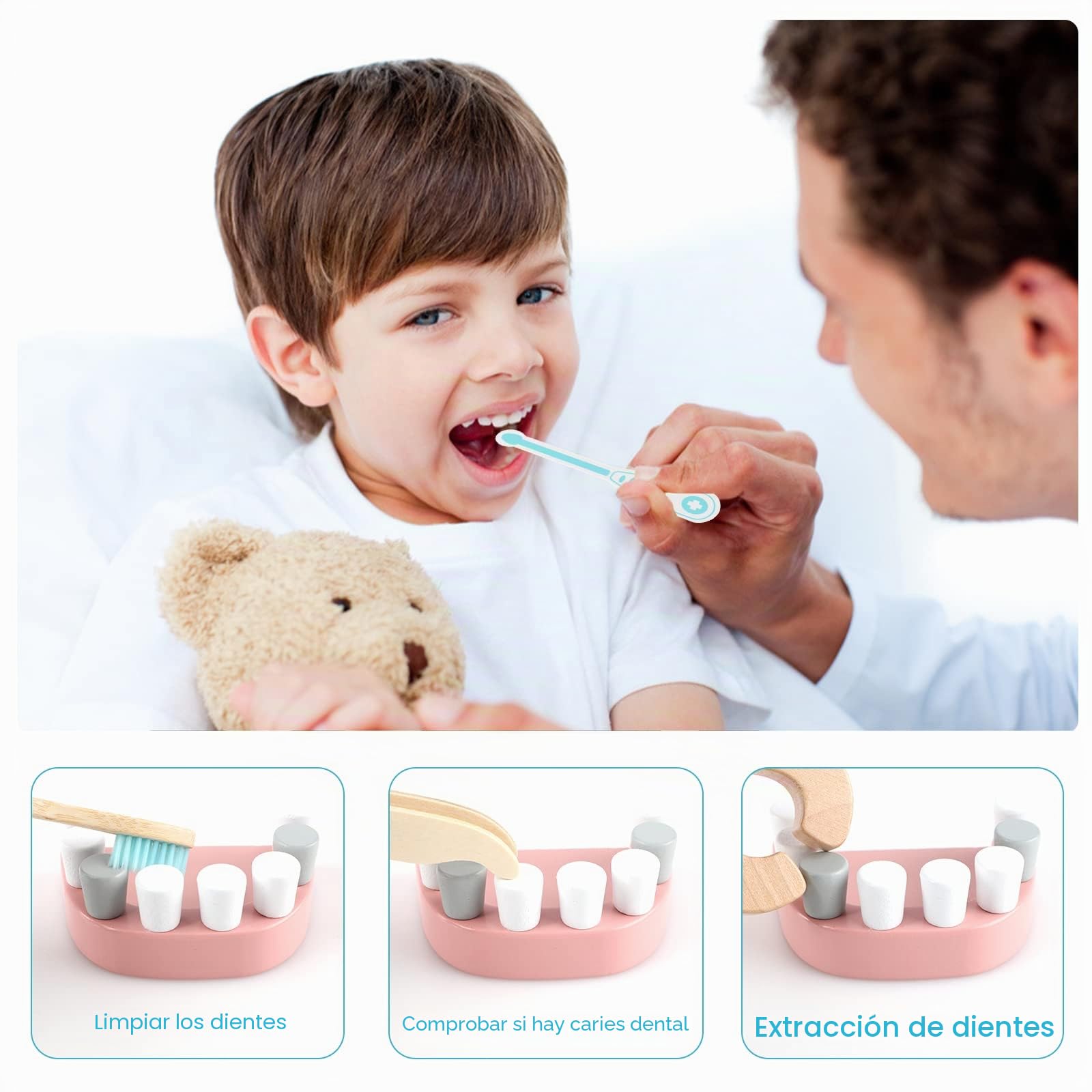 Jacootoys Juego de médicos de Madera 18 Piezas Estuche de Transporte Dentista Los simulan Roles Juguetes médicos para niños Niños Niñas 3 +
