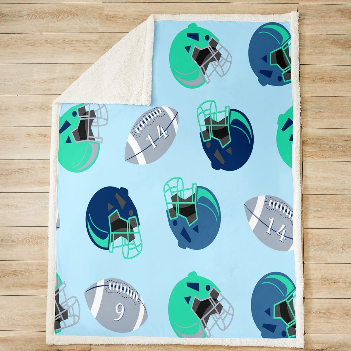 Coperta in pile Sherpa per ragazzi e ragazzi Football americano Helme Coperta sportiva a tema sfocata per divano letto, design verde, grigio, blu, 200 x 200 cm