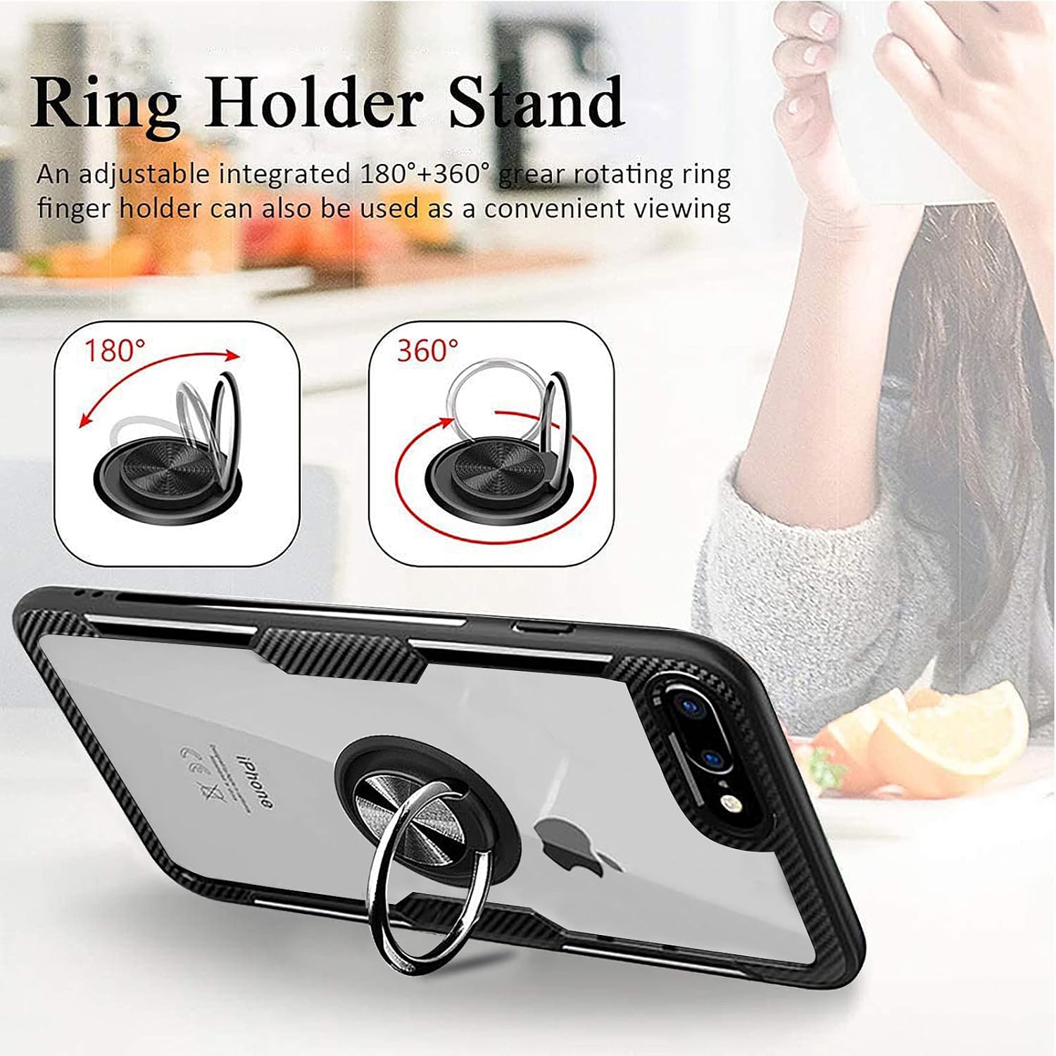 MOVOYEE Case for iPhone 8 Plus Case Clear Thin iPhone 7 Plus Case for Girls Men,Protective Hard Back Cover with 360 Rotating Ring Holder Stand Magnetic Shockproof Cases for iPhone 8 7 Plus-Black