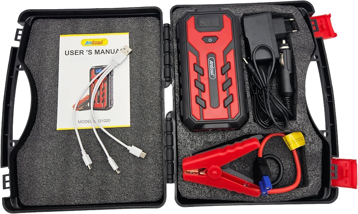 Avviatore di Emergenza Auto 12V 600A 20000mAh Powerbank Jump Starter con Display LCD e Torcia LED Booster Batteria per Auto Moto Camper Diesel e Benzina con 2 Porte USB con Valigetta e Cavi