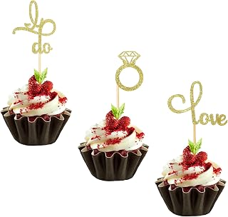 48 Pcs Gold Glitter Engagement Cupcake Toppers Diamond Ring Love I Do Cupcake Topper Picks Wedding Diamond Rings for Cupcakes for Wedding Bridal Shower Engagement Party Cake Toppers Decorations Supply