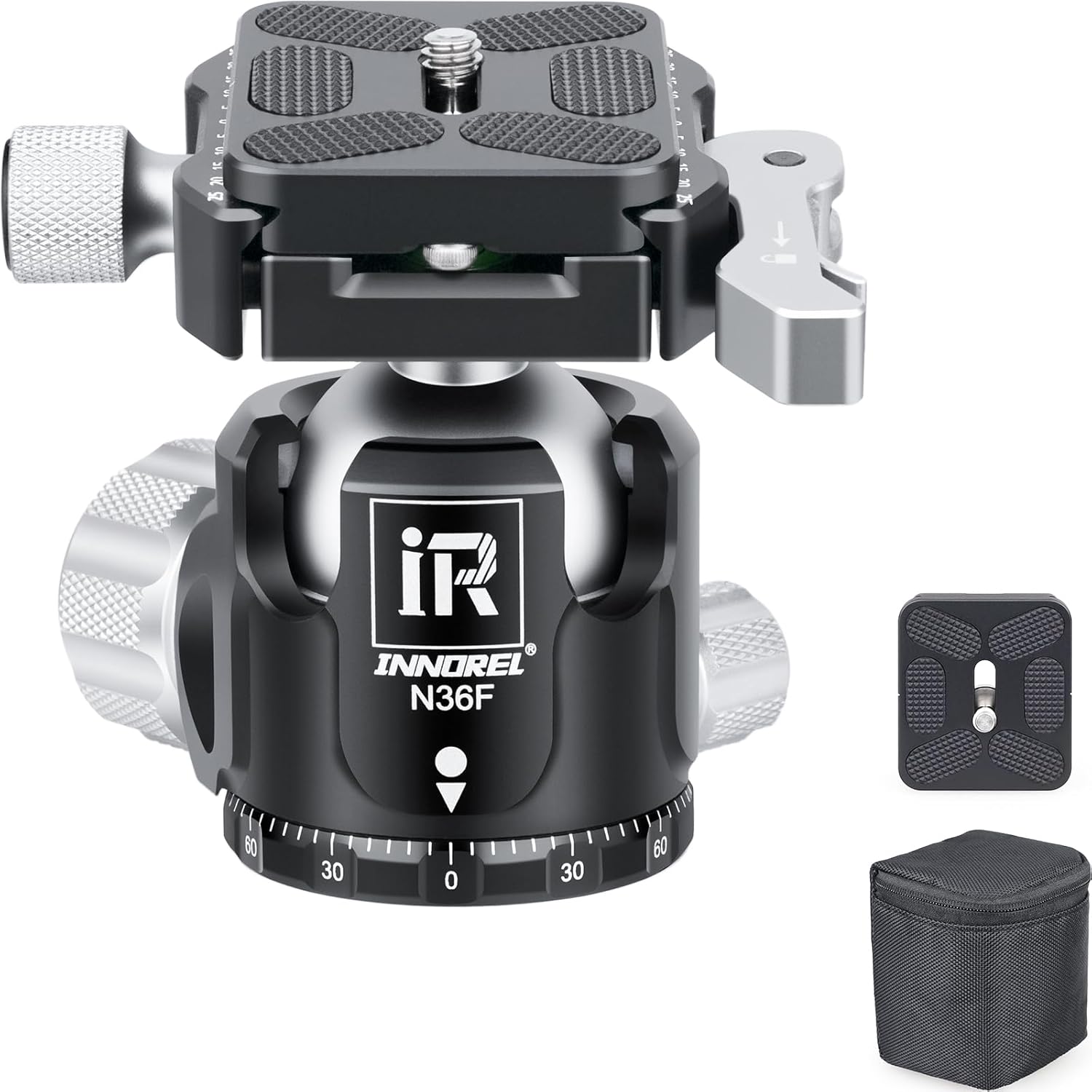 INNOREL N36F Quick Locking Low Profile Tripod Ball Head, Fast Lever Release, Panoramic CNC Metal Camera Tripod Ballhead with 2 Plates for Tripod Monopod DSLR Camcorder, Max Load 44lb/20kg (Sliver)