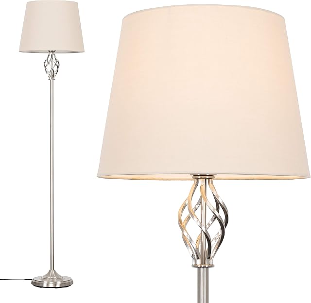 Traditional Style Satin Nickel Barley Twist Floor Lamp with a Beige Tapered Light Shade