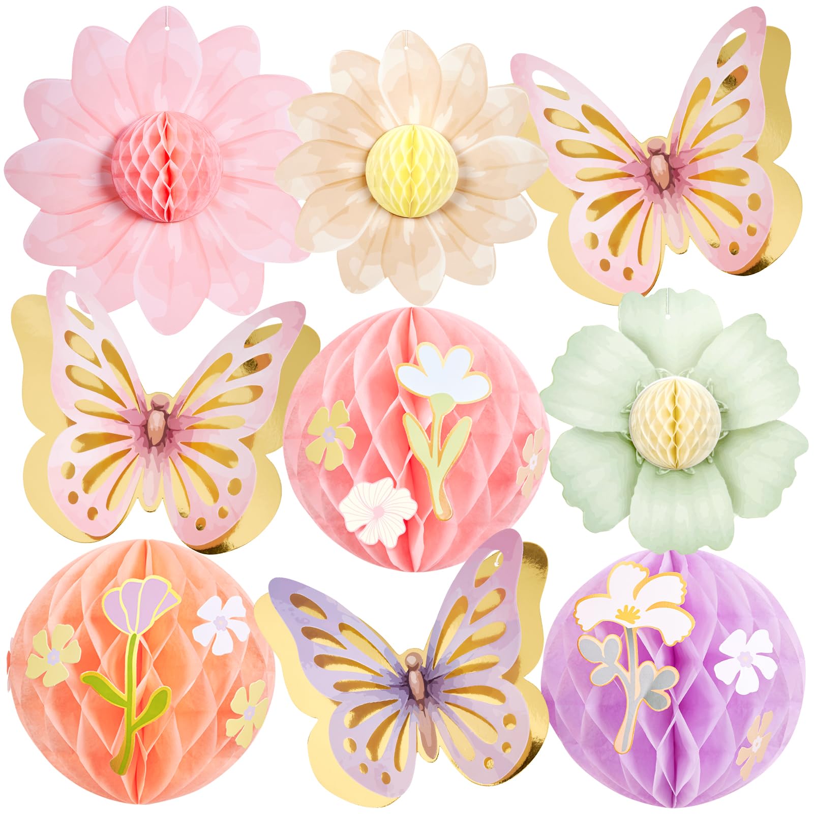 SUNBEAUTY 9Pcs Pastel Paper Flower Decorations Butterfly Honeycomb Decor