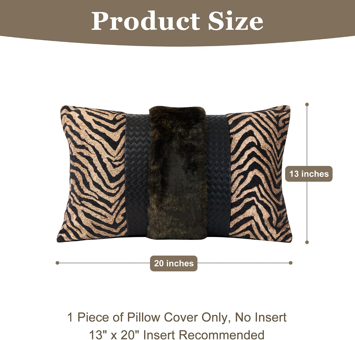 Luxury Zebra Print Faux Fur Throw Pillow Cover, 1-Piece Patchwork Woven Leather Lumbar Cushion Covers, Stylish Soft Animal Jacquard Pillowcase for Living Room Couch Sofa Bed, 13 x 20 Inch