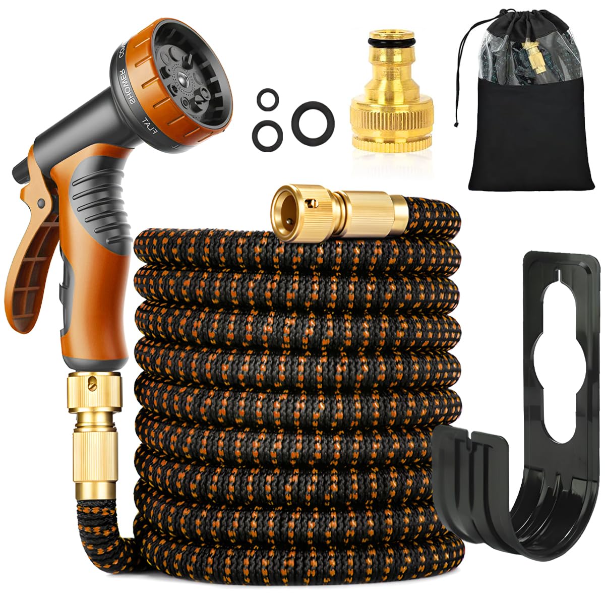 Tubo da giardino flessibile 30 m/100 FT arancione, tubo con 10 funzioni | con ugello spray e connettori in ottone da 3/4" e 1/2",, 3 estensibili, senza pieghe, per giardino, pavimento, terrazza