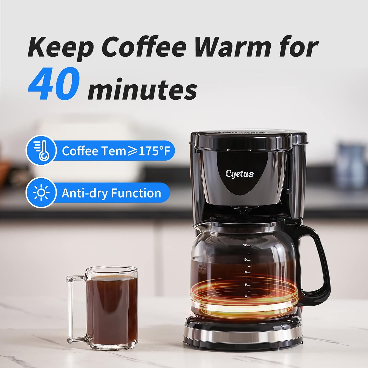 CYETUS Drip Coffee Maker 12 cup with Permanent Filter and Borosilicate Glass Carafe, Smart Anti-Drip System Coffee Brewer Machine, Auto Keep Warm Function, Coffee Pot Black