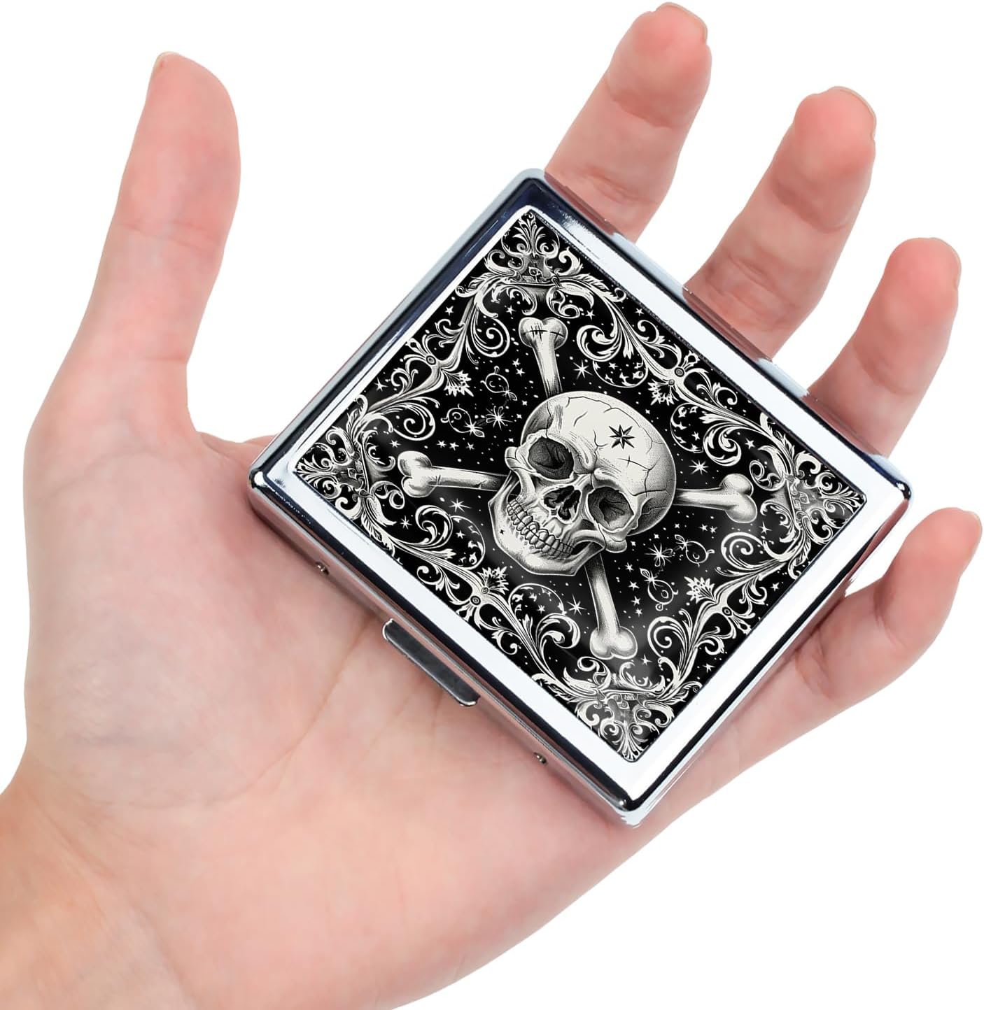 Cute and Stylish Metal Pill Box – Compact Portable Pill Organizer with 8 Compartments, Food-Grade Divider, Ideal for Travel, Vitamins, Jewelry, Cosmetics (Crossbones Starlight)