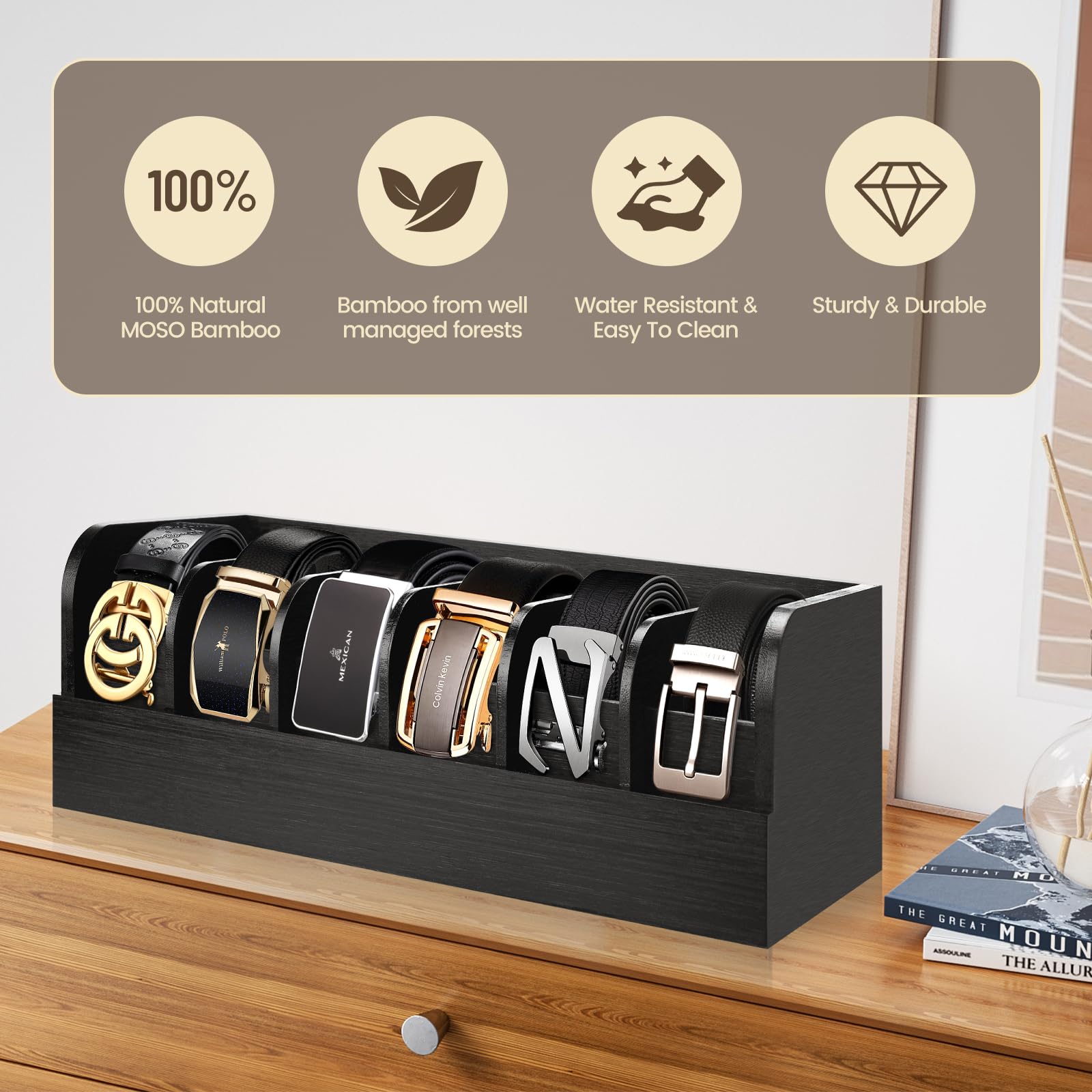 Organisateur De Ceintures En Bambou - 6 Compartiments - Pour Tiroir Ou Placard - Rangement Cravates, Montres