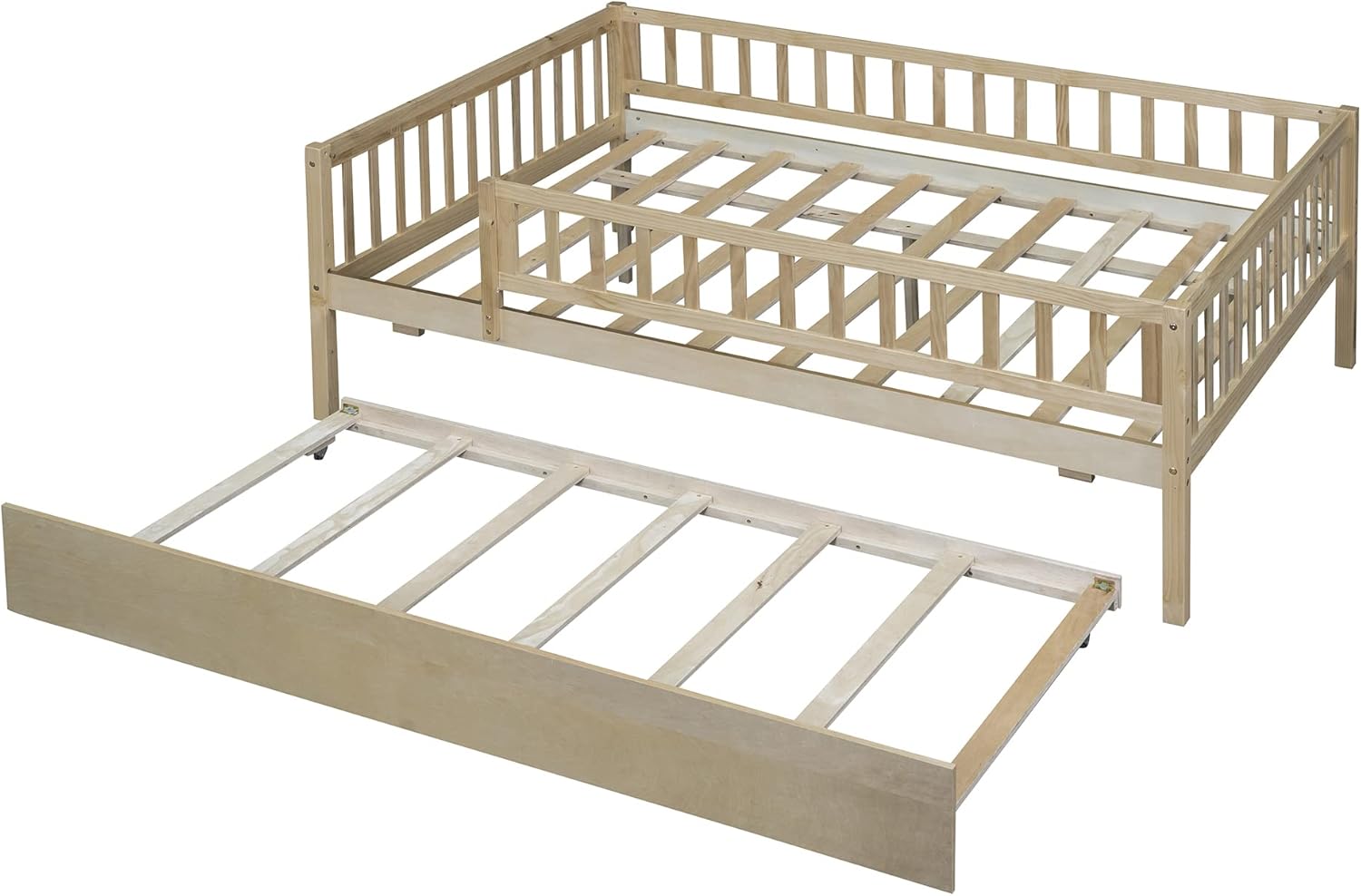 P PURLOVE Full Daybed with Trundle, Wood Daybed Frame with Fence Guardrails for Boys, Girls and Young Teens, No Box Spring Needed (Natural)