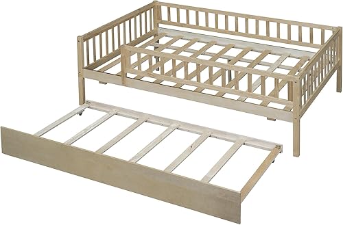 Miniatura 40 de Sofá cama matrimonial con nido de tamaño individual, marco de cama de madera para niños con valla, cama nido para niñas, niños, cama de plataforma