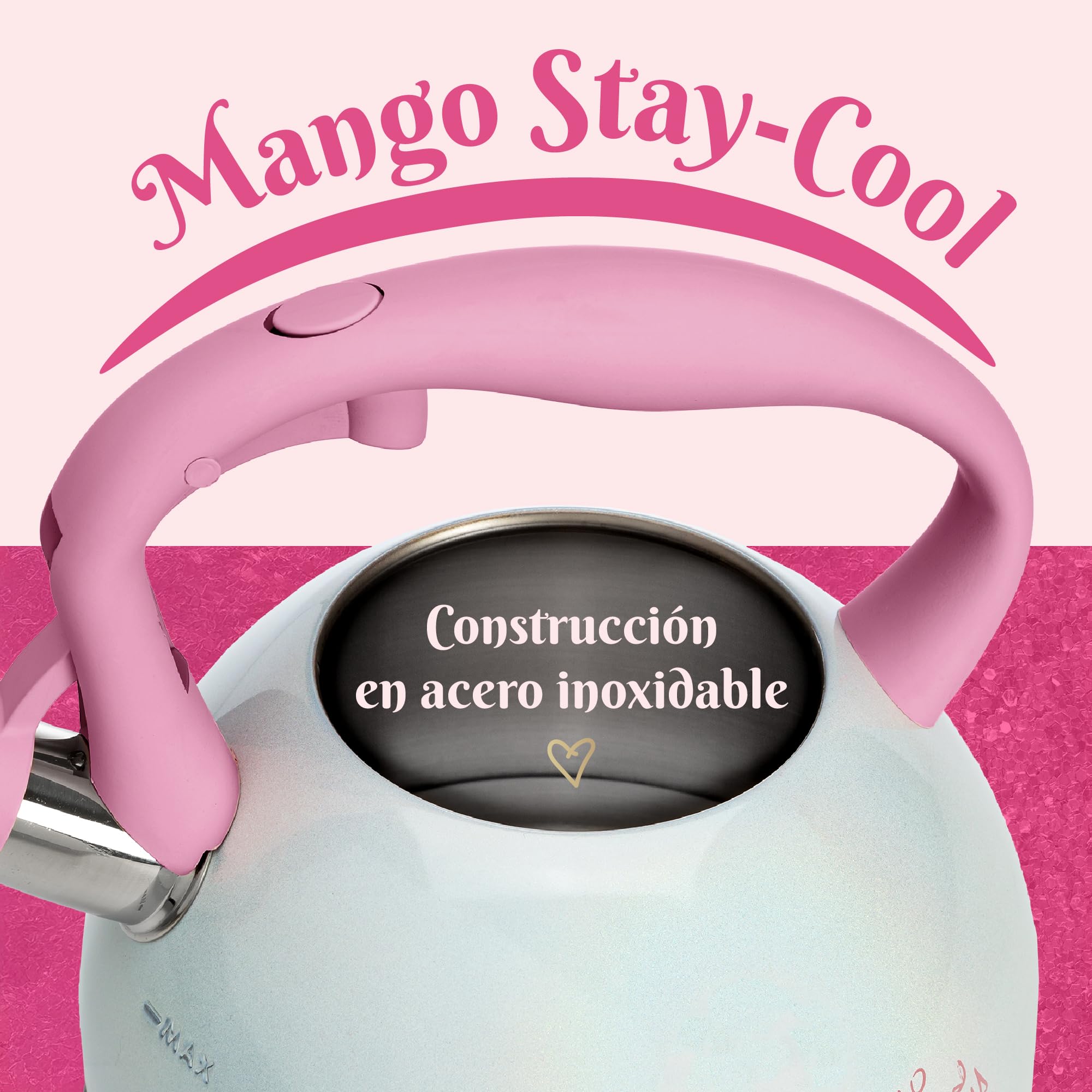 Paris Hilton – Tetera de acero inoxidable con firma de París de 2 litros con mango de tacto frío y boquilla para silbato. Calentamiento rápido para disfrutar del té perfecto