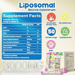 Colostrum Supplement Powder - Grass Fed Bovine Colostrum with 60% IgG, Hyaluronic Acid, Zinc & Biotin | Supports Gut Health, Immune System, Beauty & Hair Growth | Unflavored, 50 Servings Packets