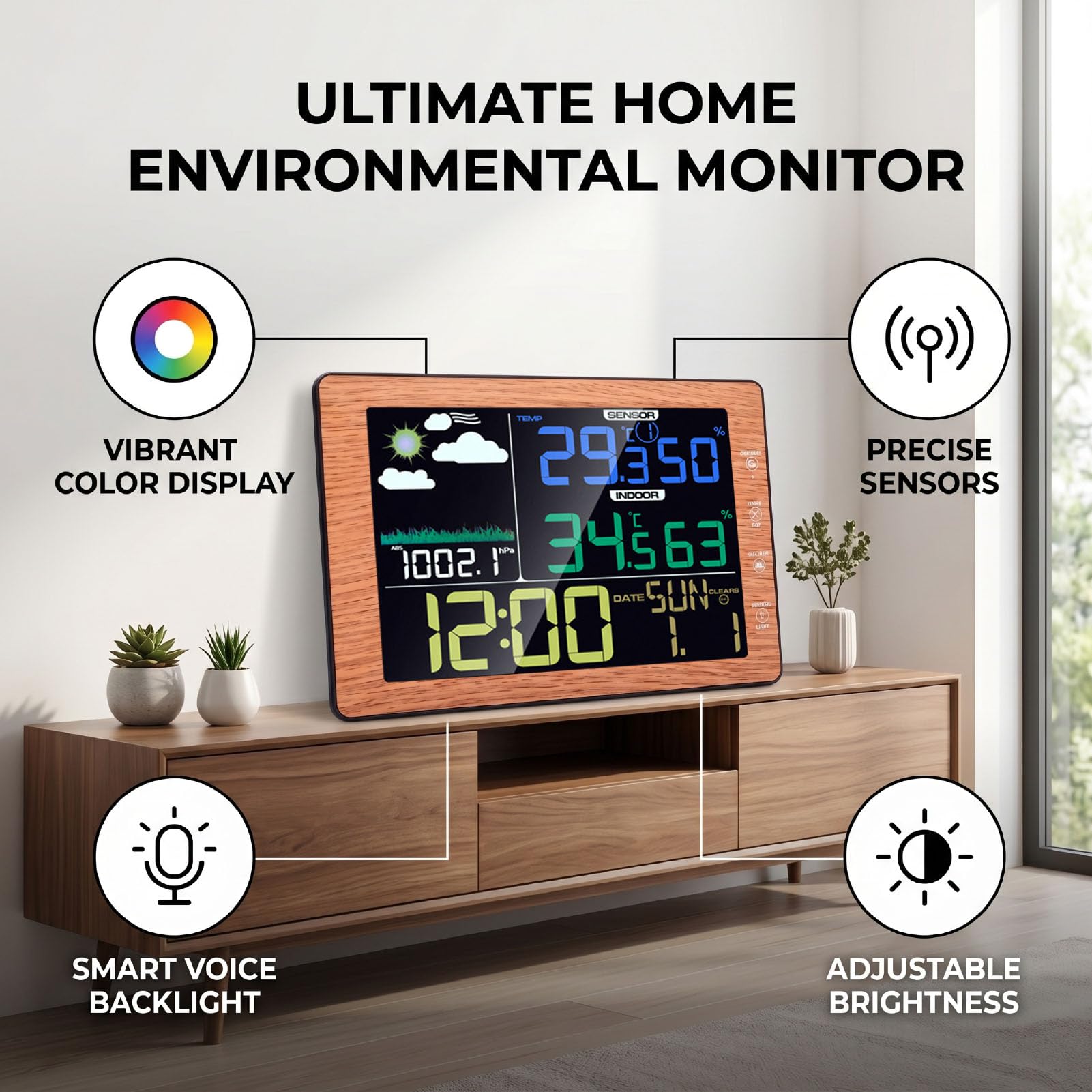 Wettervorhersagestation, Kabelloses Thermometer | Sprachgesteuerte Hintergrundbeleuchtung, 3 Helligkeitsstufen, Smart Night View, Wecker