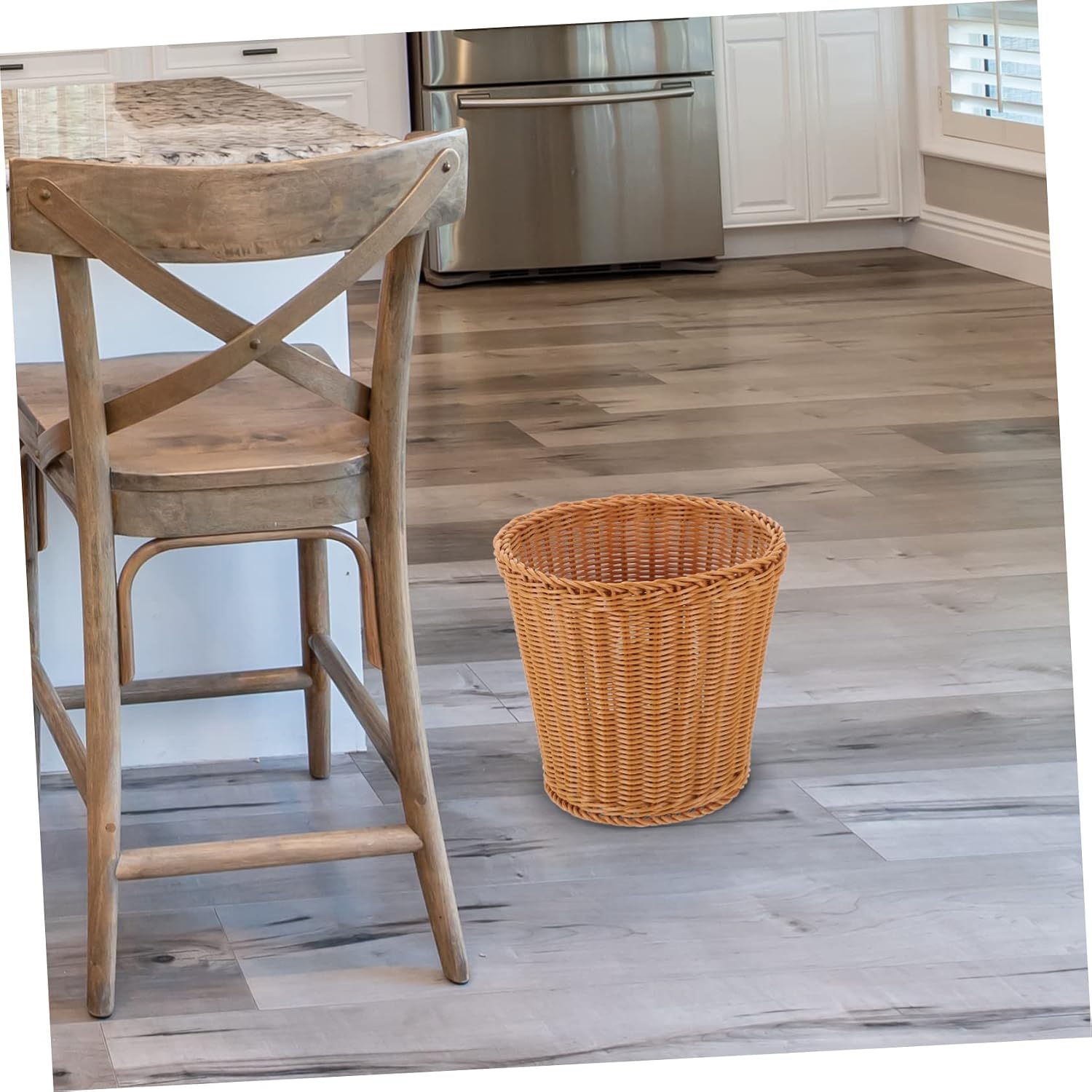 PRETYZOOM Farmhouse Woven Basket Multi-use Storage for Waste and Trash Rustic Imitation Rattan Design for Home Office Desktop Organization