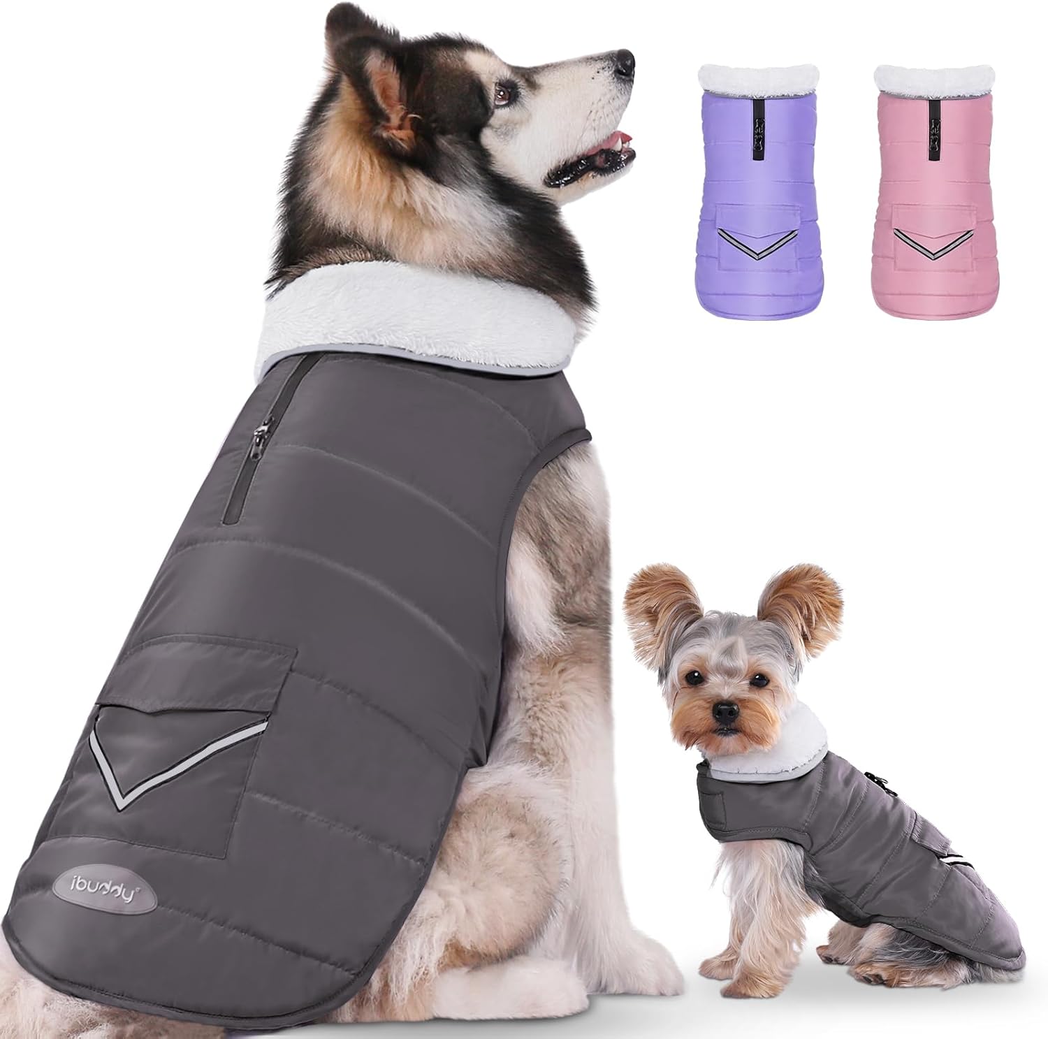 iBuddy Dog Winter Jacket for Extra Large Dogs, Easy on 3XL Dog Snow Coat Velcro Waterproof Pet Puffer Clothes with Harness Hole Adjustable Reflective Quilted Pet Cold Weather Vest for Girl Female
