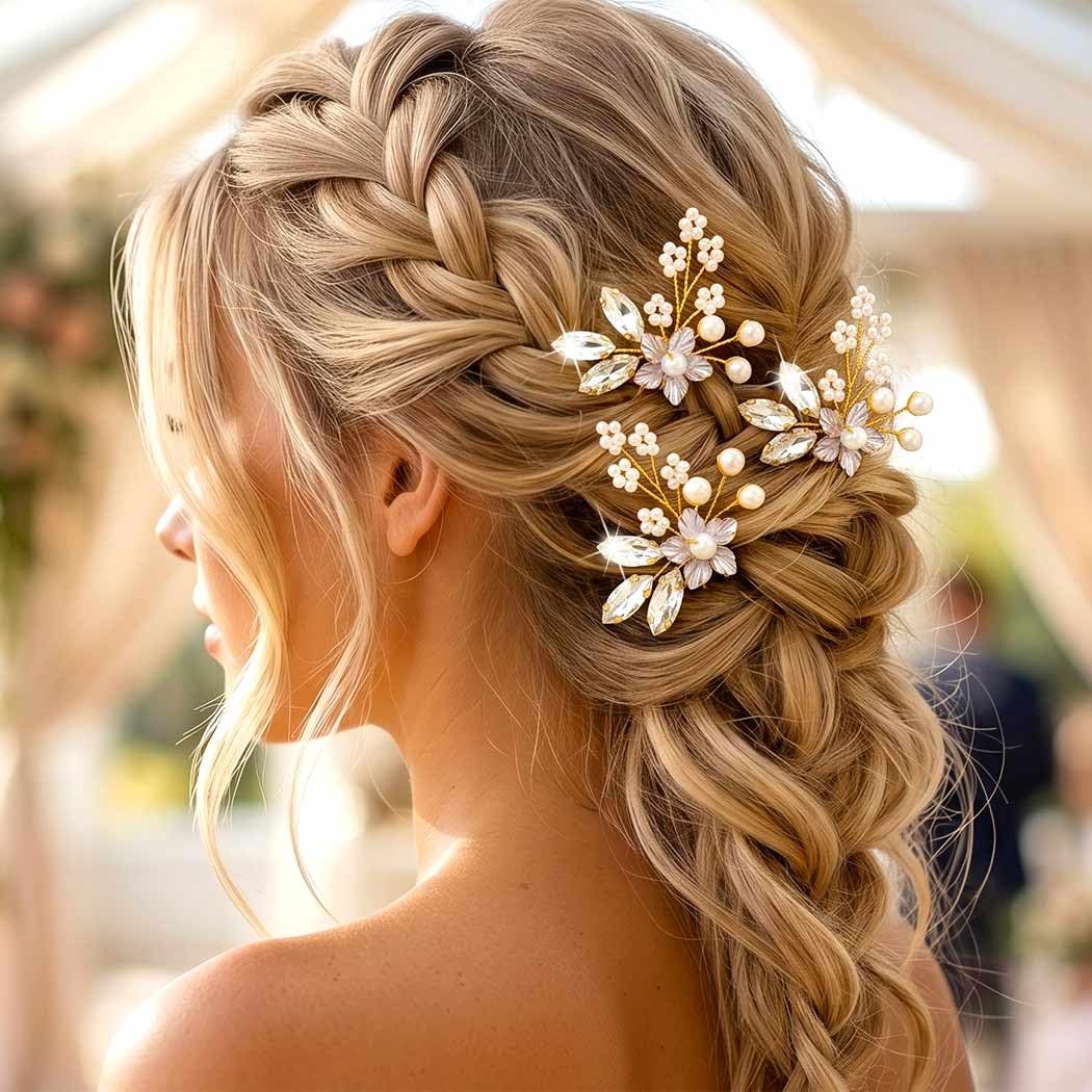 Heread Flower Bride Wedding Hair Pins Silver Pearl Bridal Hair Accessories Crystal Hair Pieces for Women and Girls (Pack of 3) (C Gold)