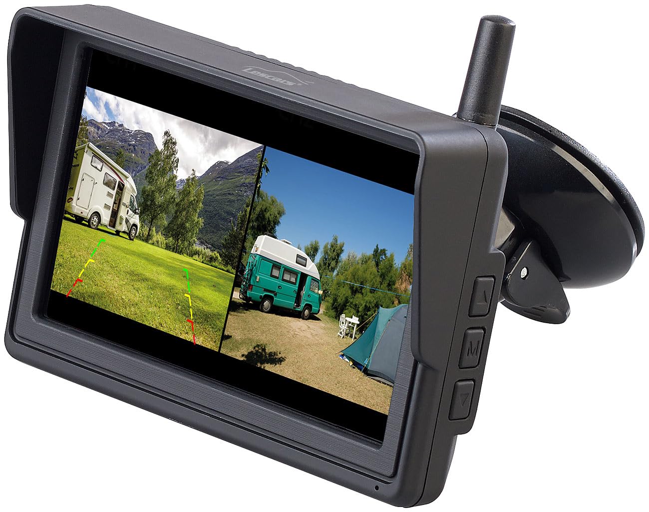 Lescars Einparkhilfe nachrüsten: Solar-Funk-HD-Front- & Rückfahrcam, Splitscreen-Monitor Abstandswarner (Einparkhilfe nachrüsten kabellos, Parksensoren kabellos, IP)