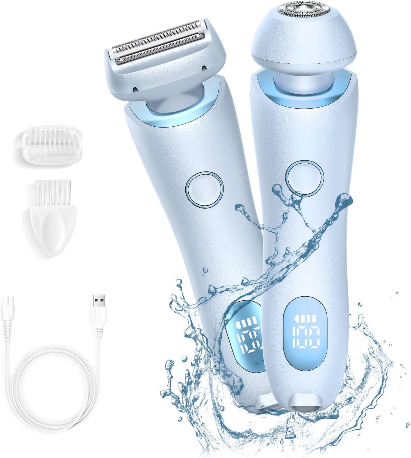 Magitech Electric Shaver for Women, 2 in 1 Womens Electric Razor for Face/Arm/Legs IPX7 Waterproof Cordless Bikini Trimmer Hair Removal for Women with Detachable Head, Blue