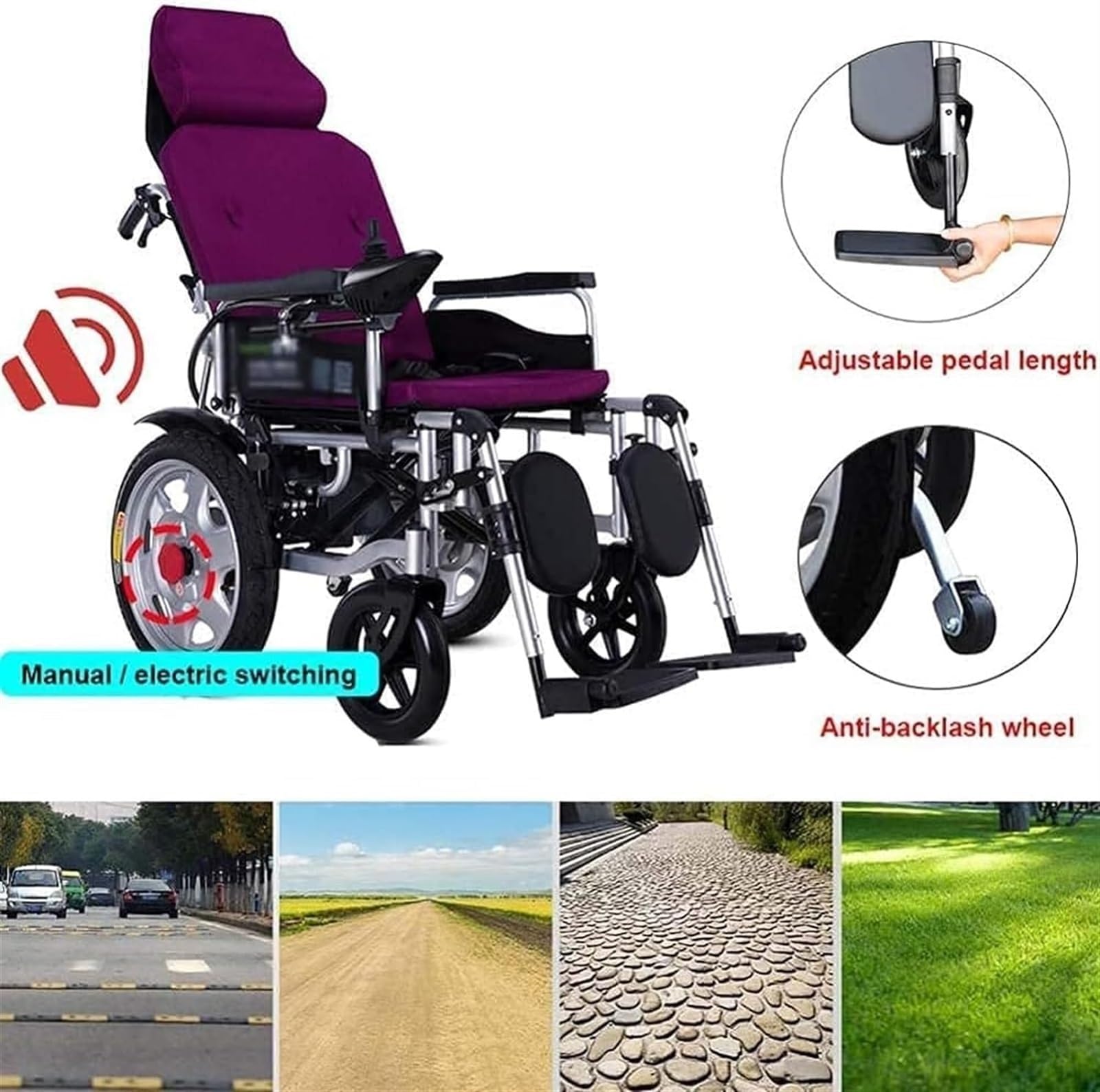 Sedia a rotelle elettrica Intelligente per Adulti, Pieghevole, Leggera, Adatta a Tutti i Terreni, Viola, in Acciaio, Adatta a Tutti i Terreni, Leggera, reclinabile