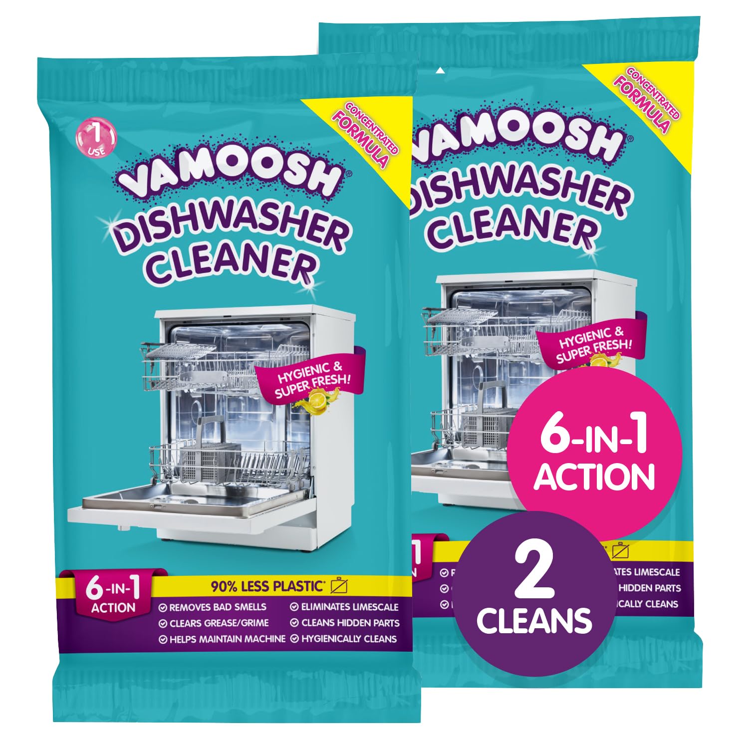 6 in 1 Dishwasher Cleaner 2 x Cleans - Deep Cleaner, Limescale Remover, Odour Eliminator, Grease Remover - Deep Clean Performance, Less Plastic, Citric Acid