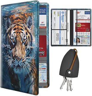 Car Registration Holder, Waterproof PU Leather Vehicle Glove Box Organizer for Driver License, Cards, Documents, Car Insurance Card Holder with Magnetic Closure, Tiger in Water Paperwork Organizer