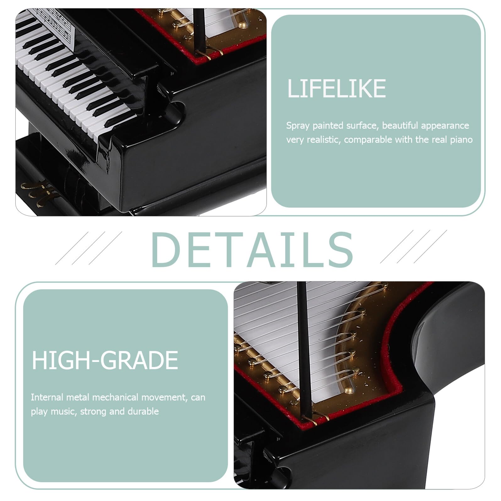 Scatola Carillon Pianoforte Mini Riproduzione Nero Portatile da Tavolo | Decorazione da Scrivania, Formato Tascabile, Plastico Legno Metallo, Forma Semplice Unica