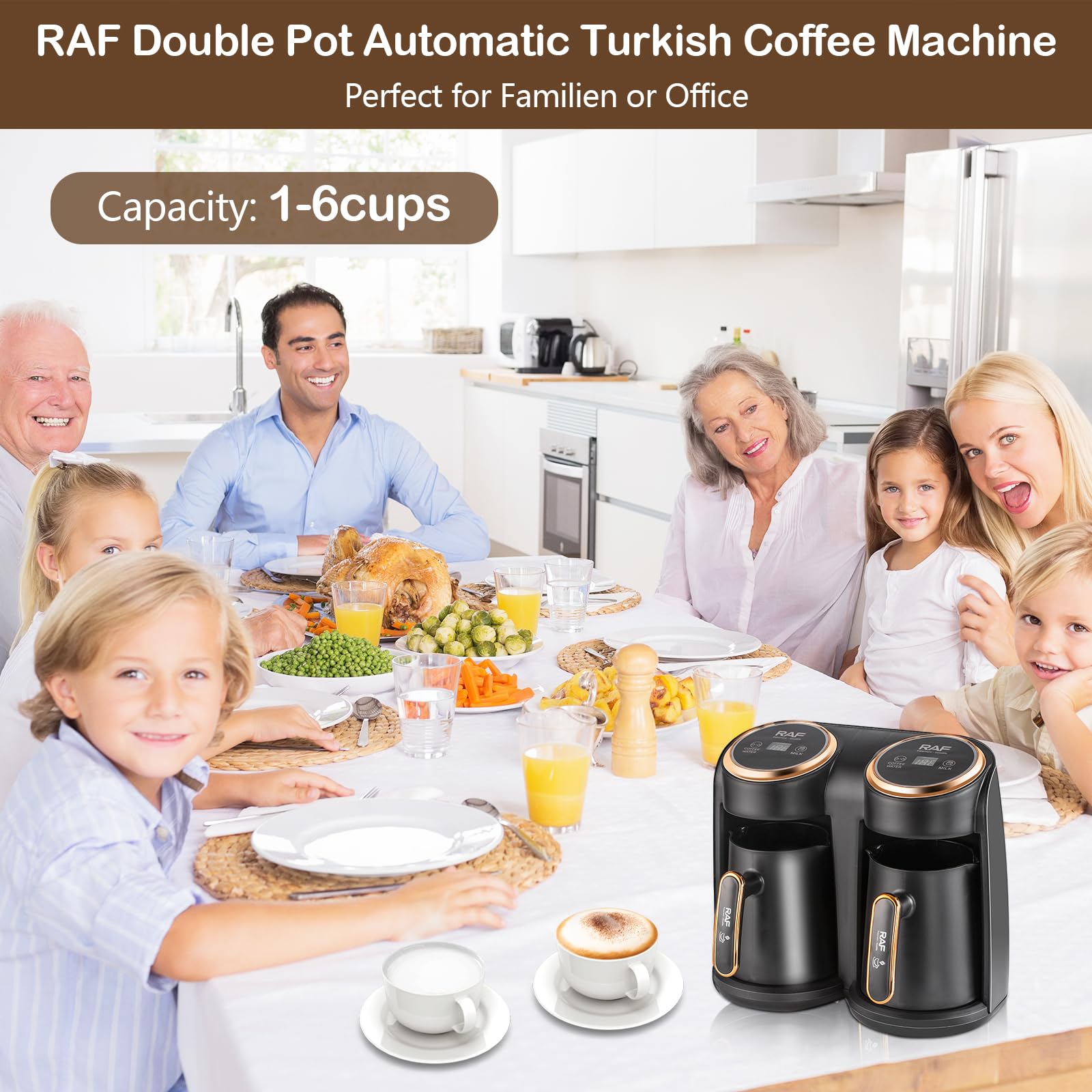 RAF Elektrische Türkische Kaffeemaschine, 600W Kaffeepott mit Dual-Heizsystem, Gleichzeitig Kaffee & Milch erhitzen, 300+300ml Große Kapazität für 6 Tassen, mit Anti Trockenlauf Schutz