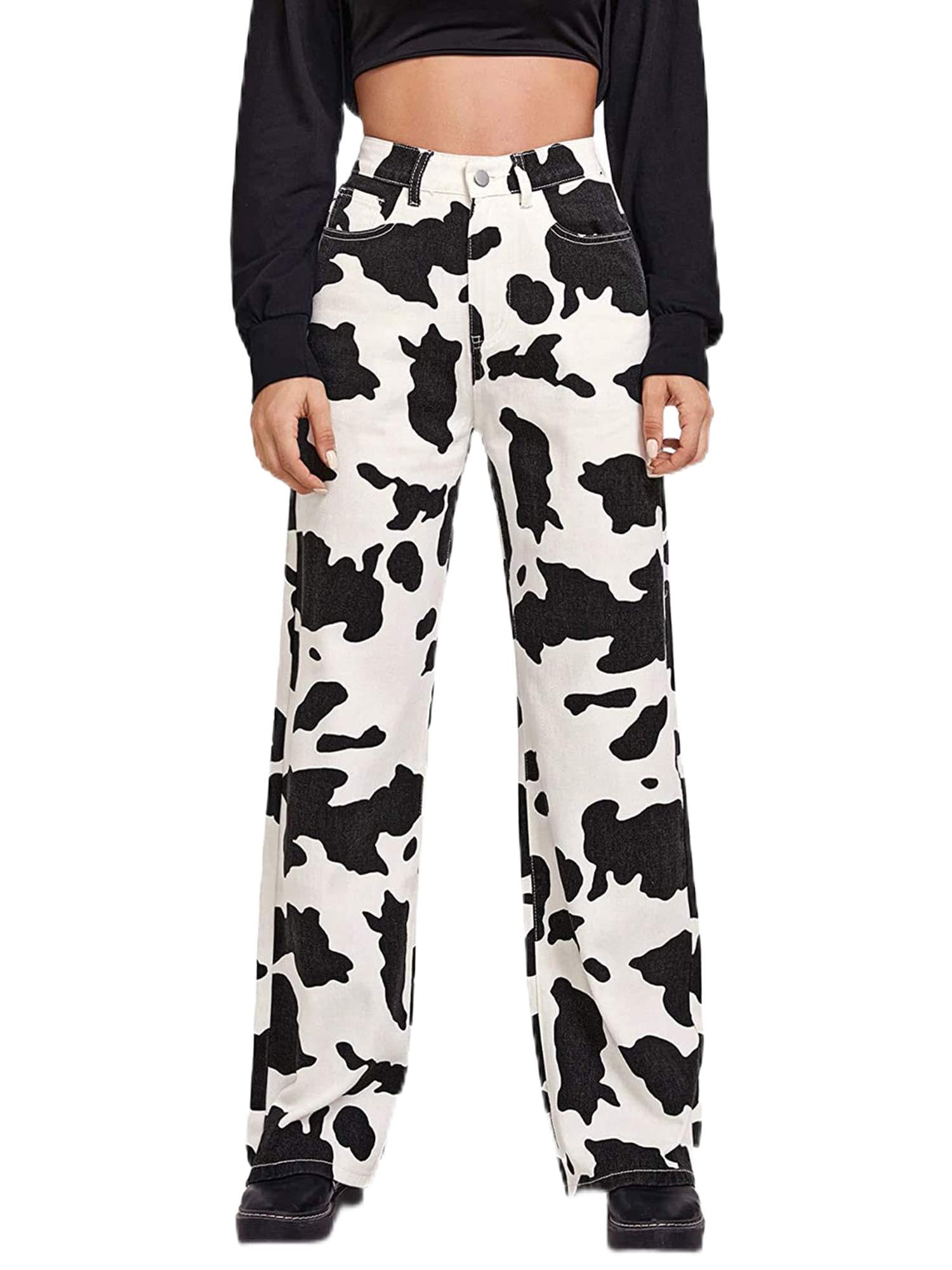 LYSINK Pantaloni casual da donna Y2k Denim stampa mucca pantaloni a vita alta gamba dritta jeans blocco di colore pantaloni larghi con tasca