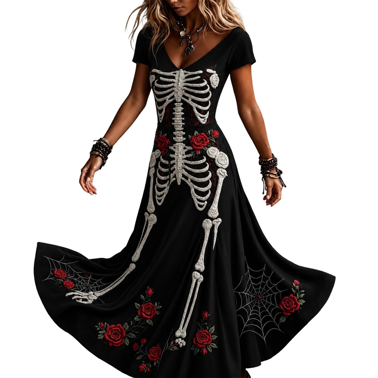 Halloween Costumes for Women UK, Ladies Gothic Skeleton Spider Web Dresses