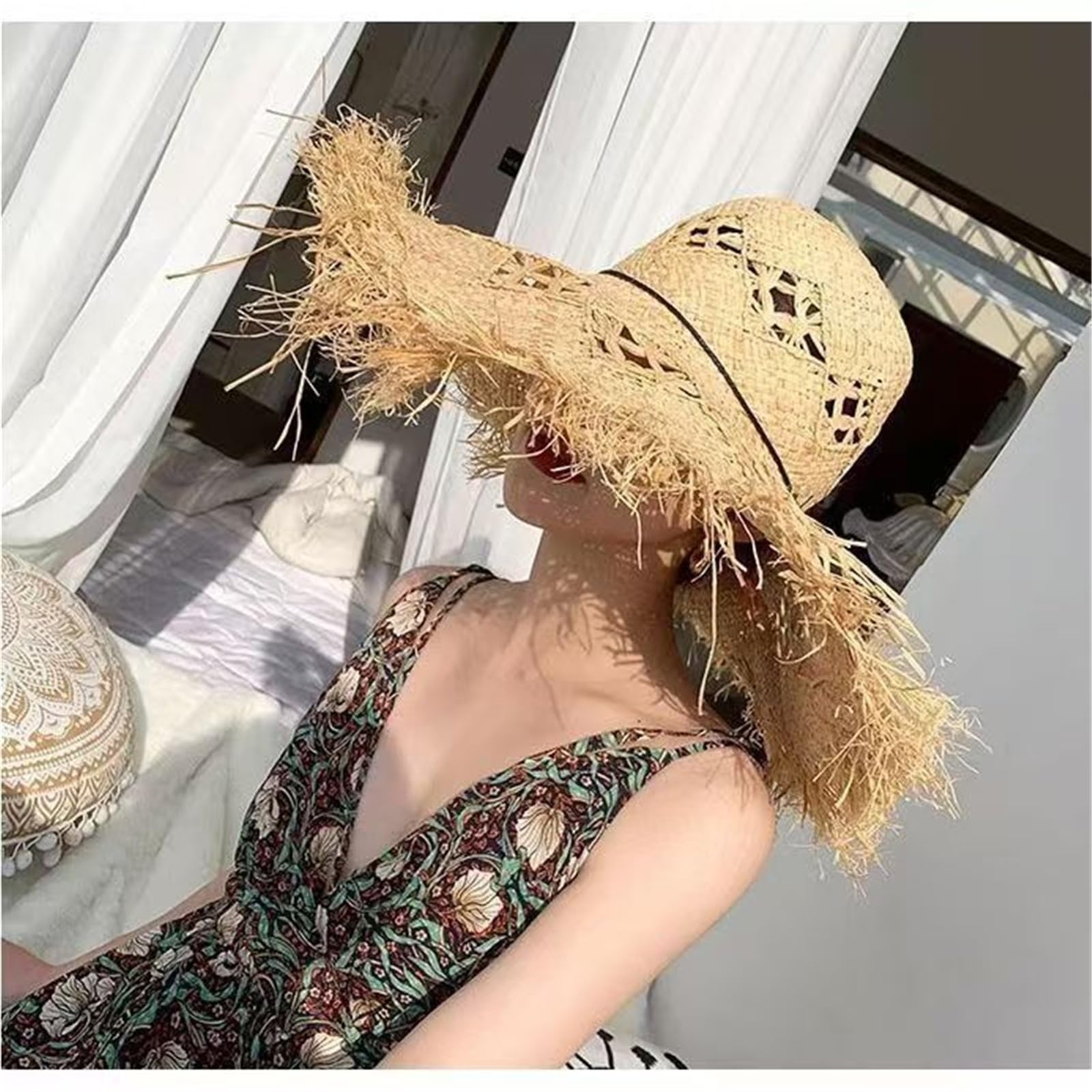 Generico Cappello da Sole in Paglia Lafite da Donna - Cappello da Spiaggia a Tesa Larga con Bordi ruvidi per L'Estate e i Viaggi