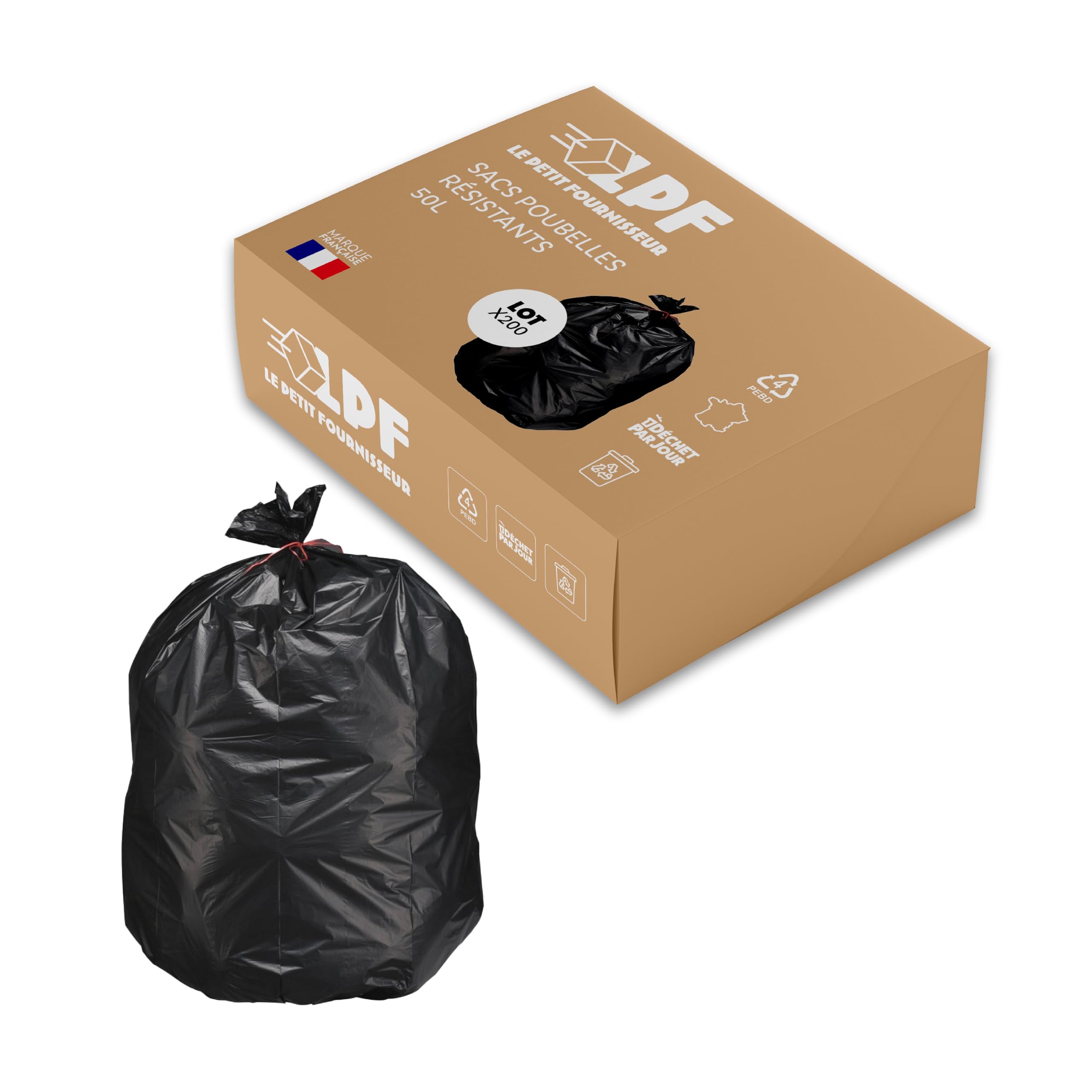 LPF LE PETIT FOURNISSEUR - Lot de 200 Sacs Poubelle 50L - Sacs Grand Volume - 100% Recyclable - 35µ - PEBD recyclé - Qualité Professionnelle - Haute Résistance poids et objets coupants - Couleur Noir
