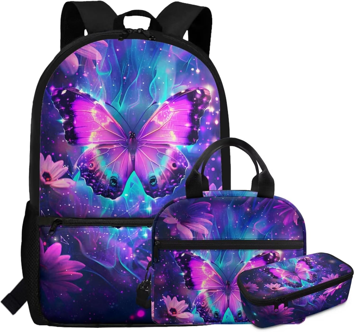 Dolyues Butterfly School Bag for Girls 10-12 Years 17-Inch Kids Backpack with Lunch Box & Pencil Pouch Set, Lightweight Kids Bookbag for Elementary, Travel & Sports