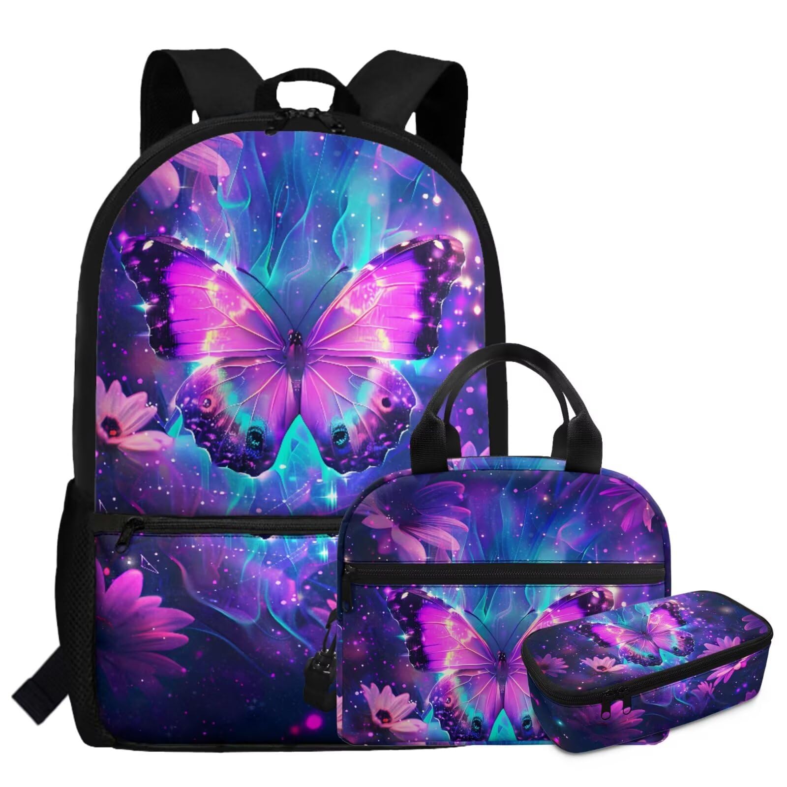 Dolyues Butterfly School Bag for Girls 10-12 Years 17-Inch Kids Backpack with Lunch Box & Pencil Pouch Set, Lightweight Kids Bookbag for Elementary,