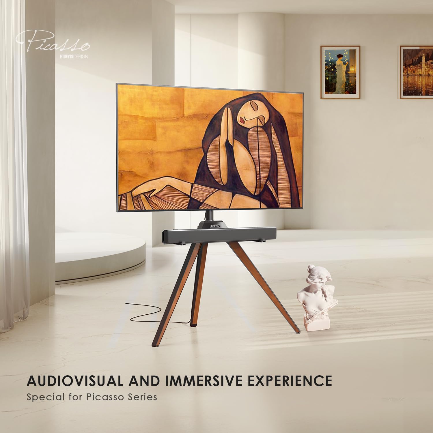 FITUEYES Design Modern Soundbar Bracket TV Stand Mount, Universal Soundbars Under 14LBs, 2 Installation Options, Picasso Series TV Stand