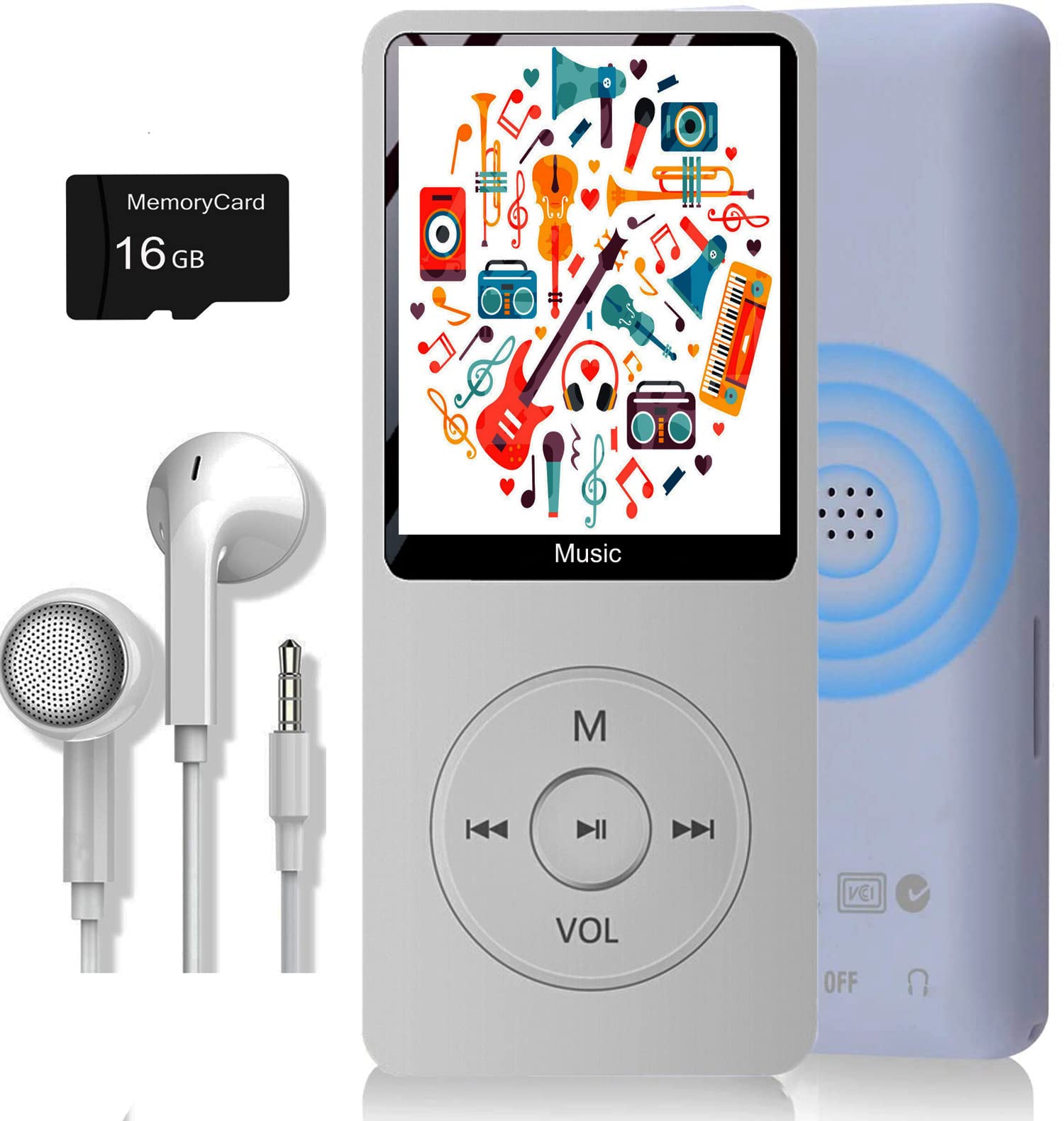 MP3 Player, Music Player with 16GB Micro SD Card, Build-in Speaker/Photo/Video Play/FM Radio/Voice Recorder/E-Book Reader, Supports up to 128GB
